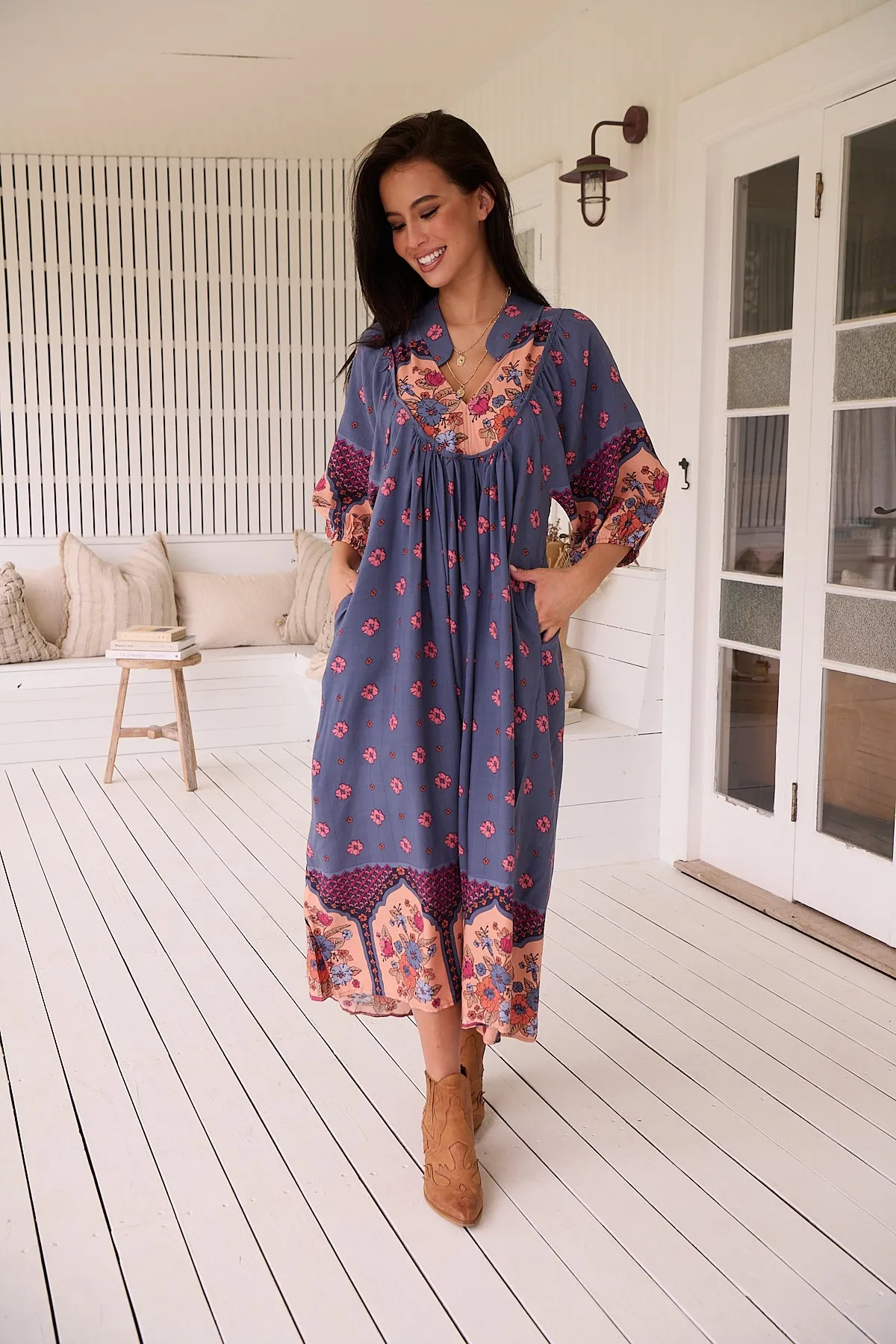 Jaase Boheme Midi Dress with Mandarin Collar V Neck Pockets - Laney