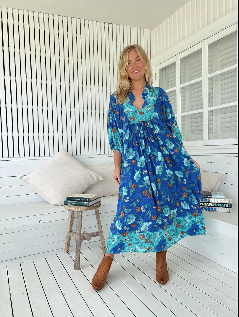Jaase Boheme Midi Dress with Mandarin Collar V Neck Pockets - Love in Mist