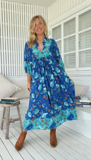 Jaase Boheme Midi Dress with Mandarin Collar V Neck Pockets - Love in Mist