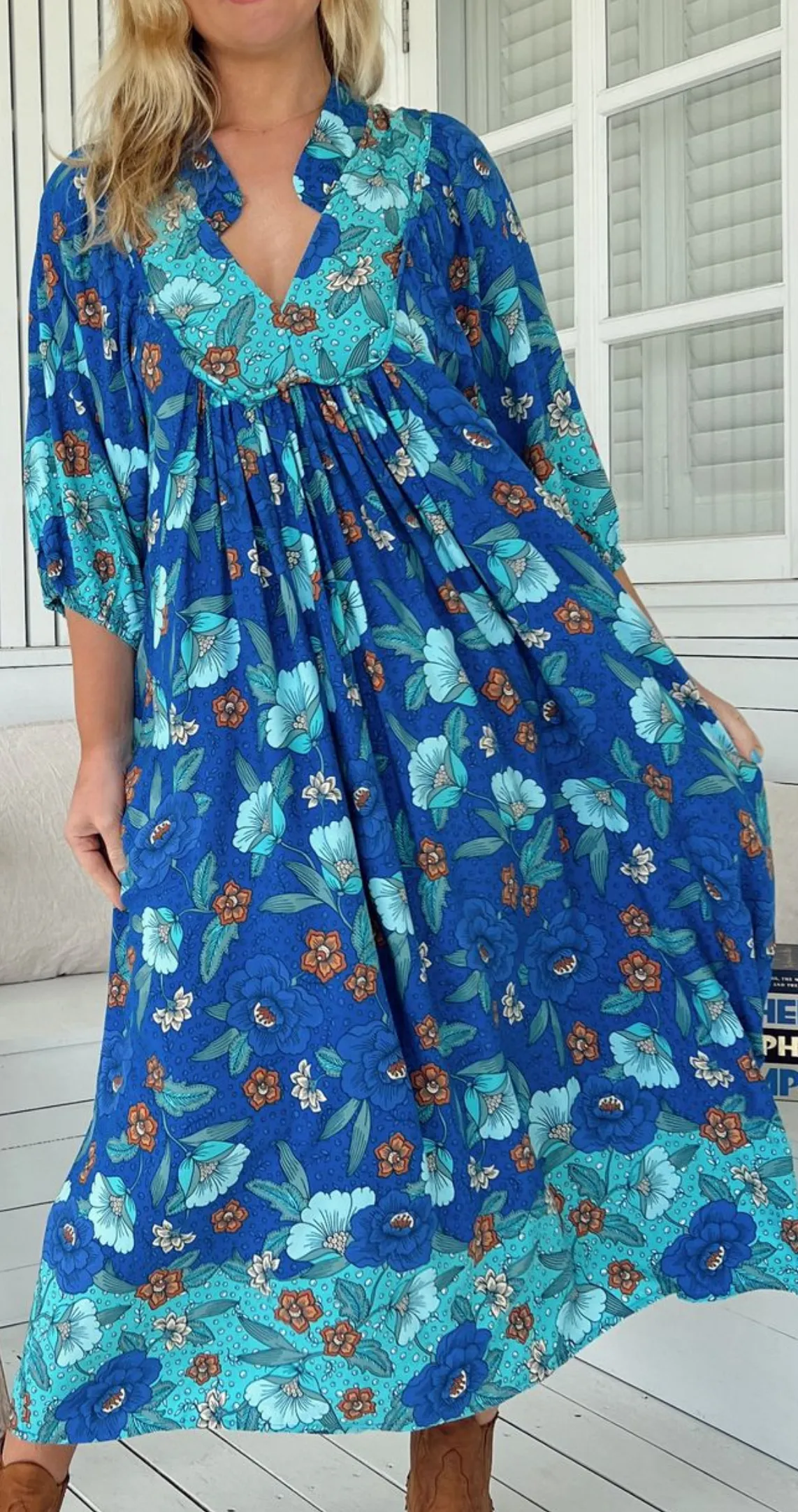 Jaase Boheme Midi Dress with Mandarin Collar V Neck Pockets - Love in Mist