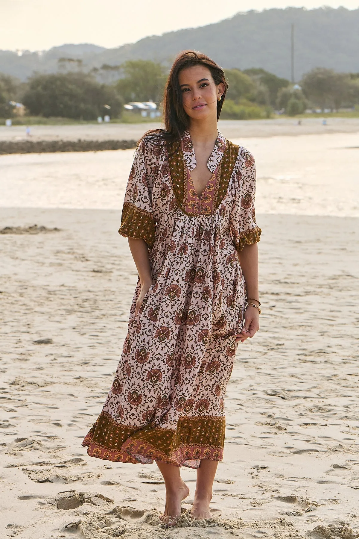 Jaase Boheme Midi Dress with Mandarin Collar V Neck Pockets - Wild Gypsy