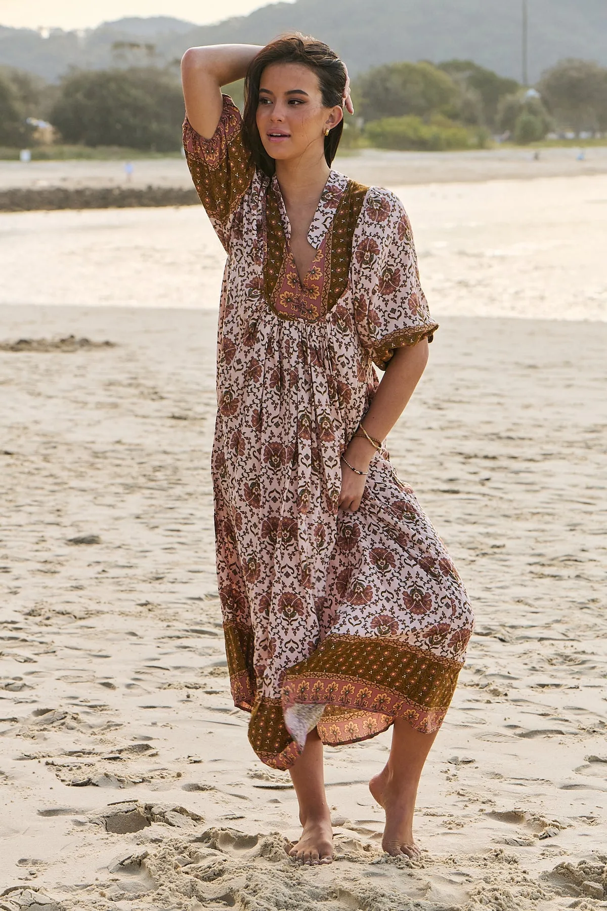 Jaase Boheme Midi Dress with Mandarin Collar V Neck Pockets - Wild Gypsy