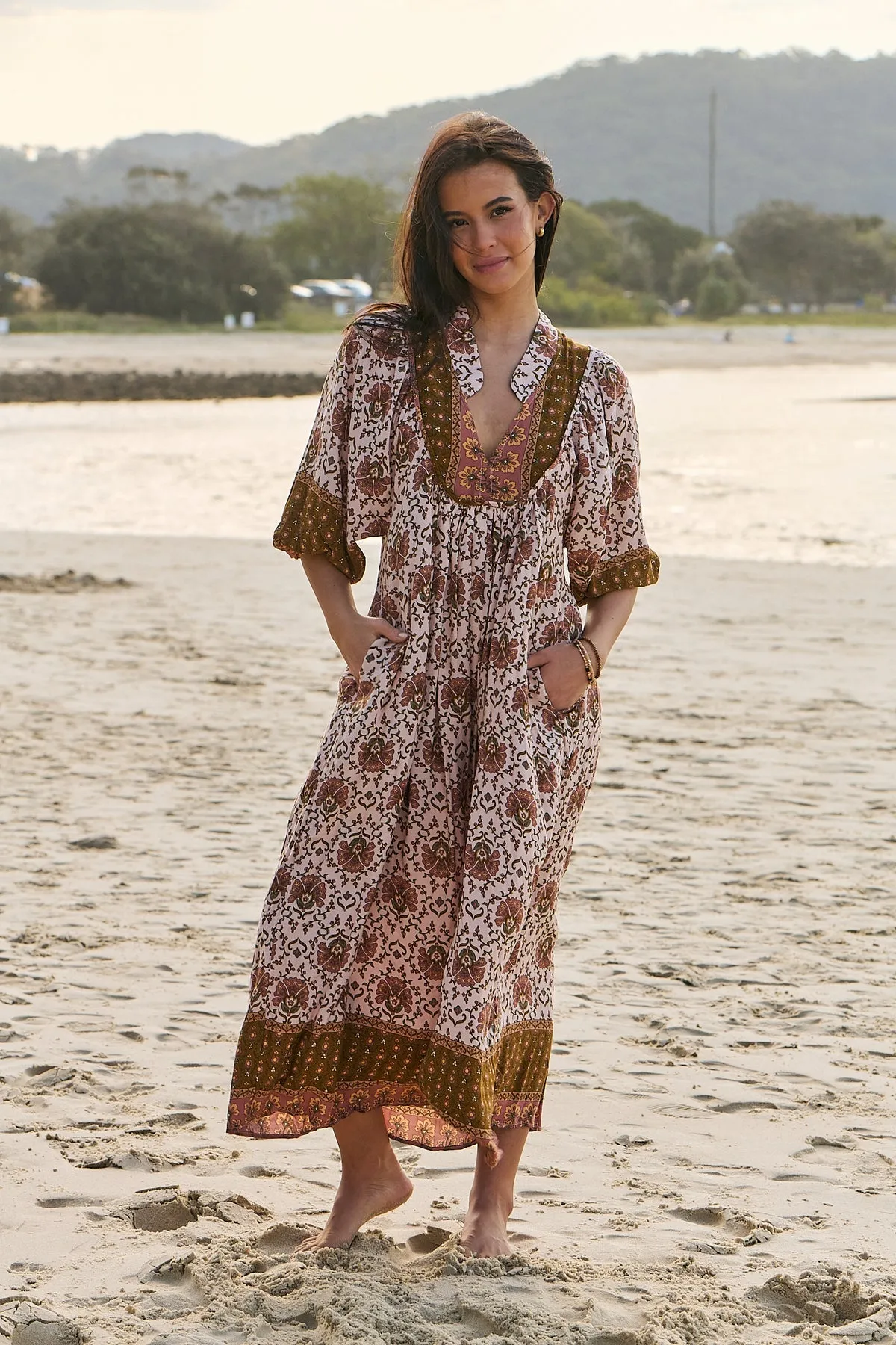 Jaase Boheme Midi Dress with Mandarin Collar V Neck Pockets - Wild Gypsy