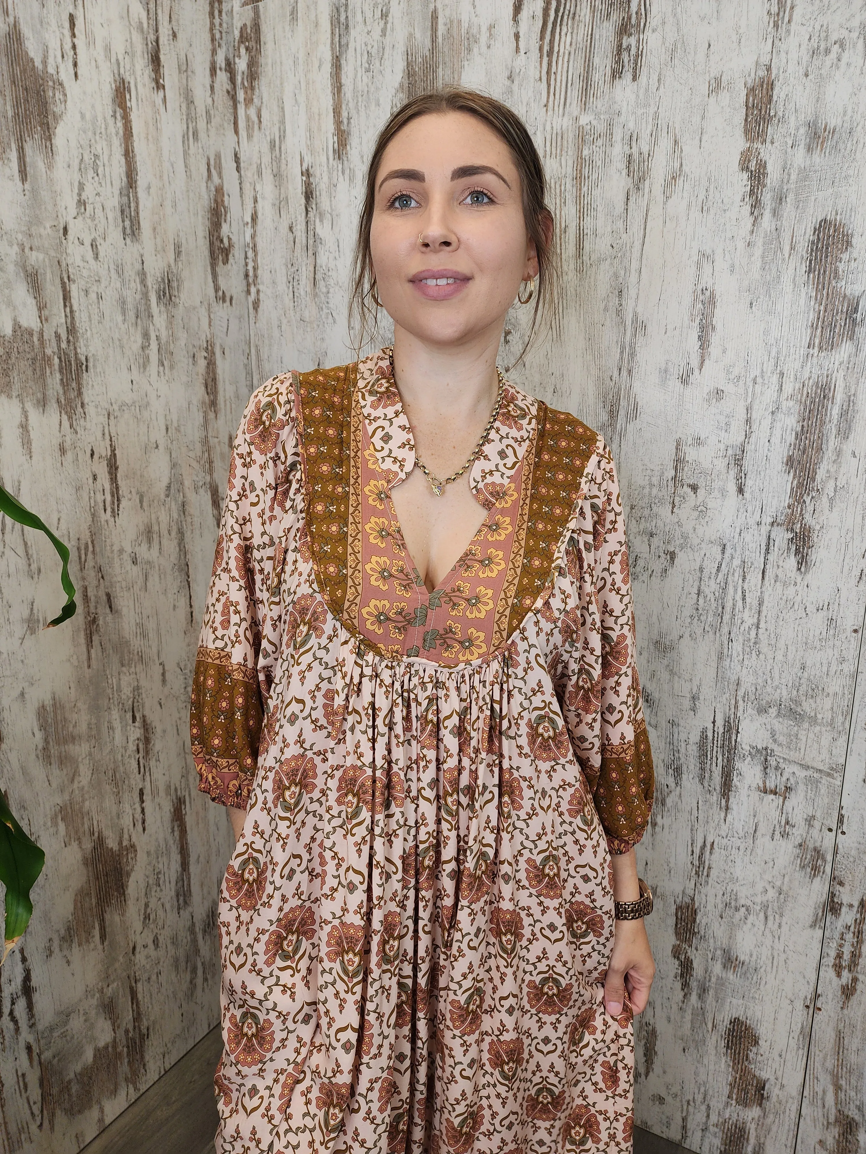 Jaase Boheme Midi Dress with Mandarin Collar V Neck Pockets - Wild Gypsy