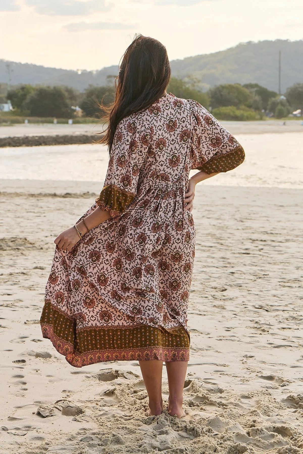 Jaase Boheme Midi Dress with Mandarin Collar V Neck Pockets - Wild Gypsy