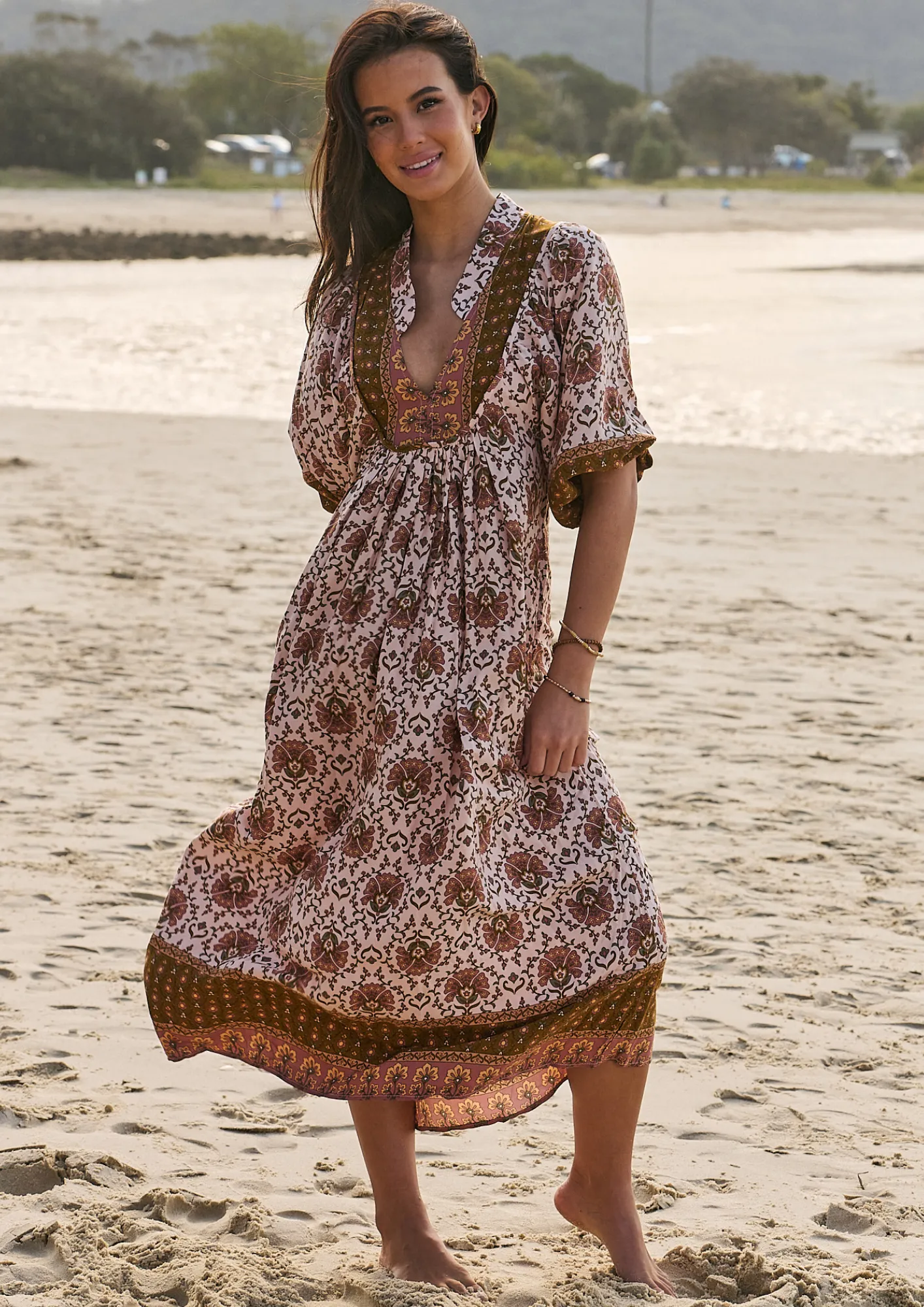 Jaase Boheme Midi Dress with Mandarin Collar V Neck Pockets - Wild Gypsy