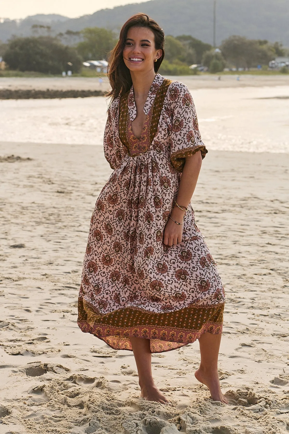 Jaase Boheme Midi Dress with Mandarin Collar V Neck Pockets - Wild Gypsy