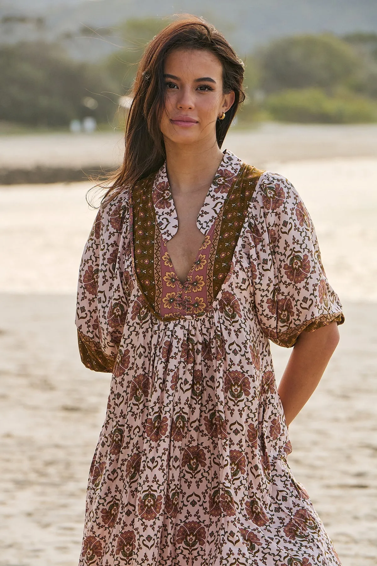 Jaase Boheme Midi Dress with Mandarin Collar V Neck Pockets - Wild Gypsy