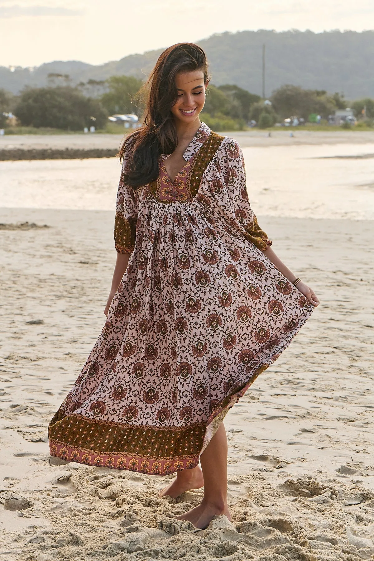 Jaase Boheme Midi Dress with Mandarin Collar V Neck Pockets - Wild Gypsy