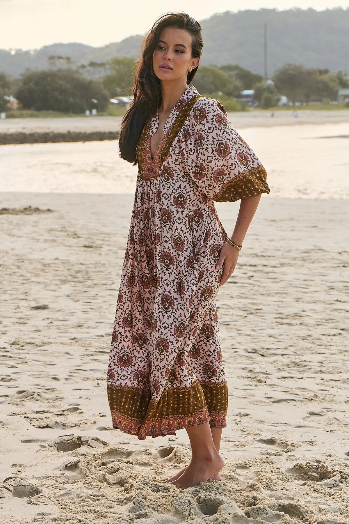 Jaase Boheme Midi Dress with Mandarin Collar V Neck Pockets - Wild Gypsy