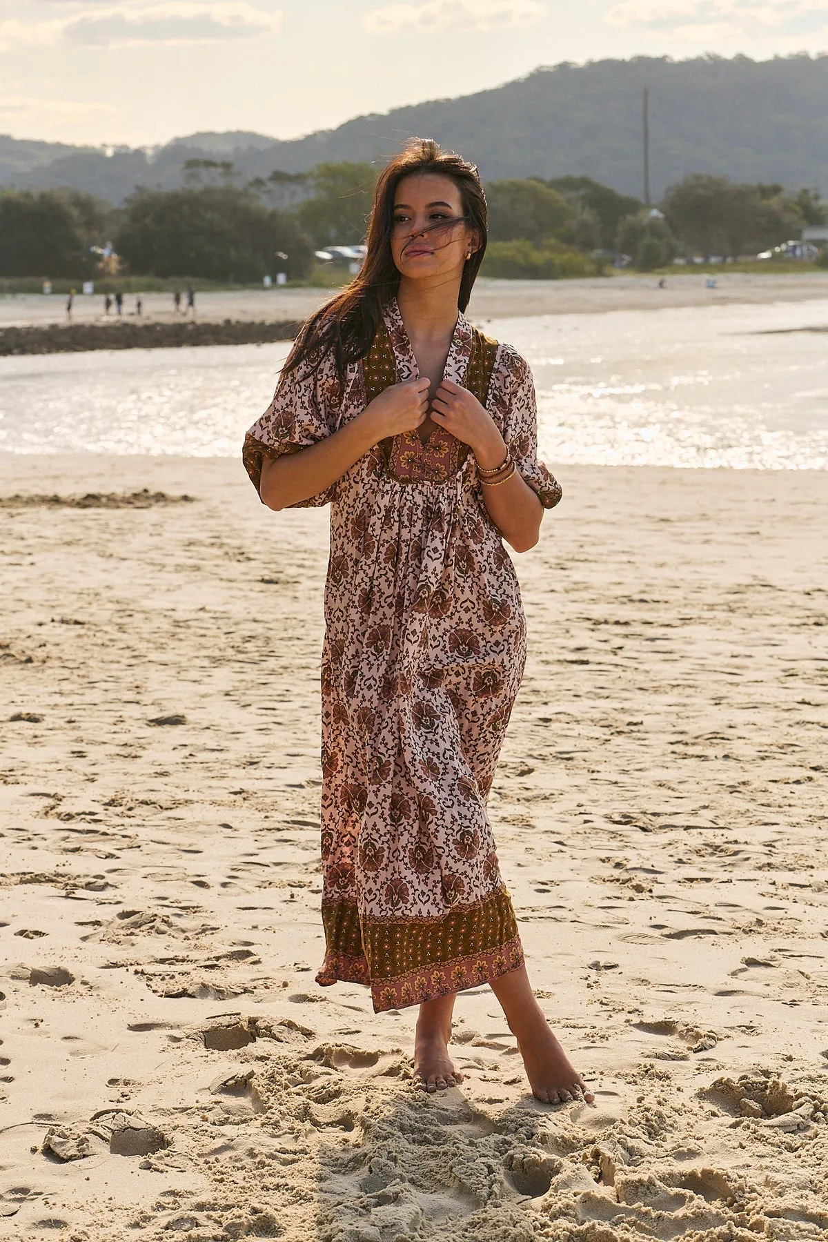 Jaase Boheme Midi Dress with Mandarin Collar V Neck Pockets - Wild Gypsy