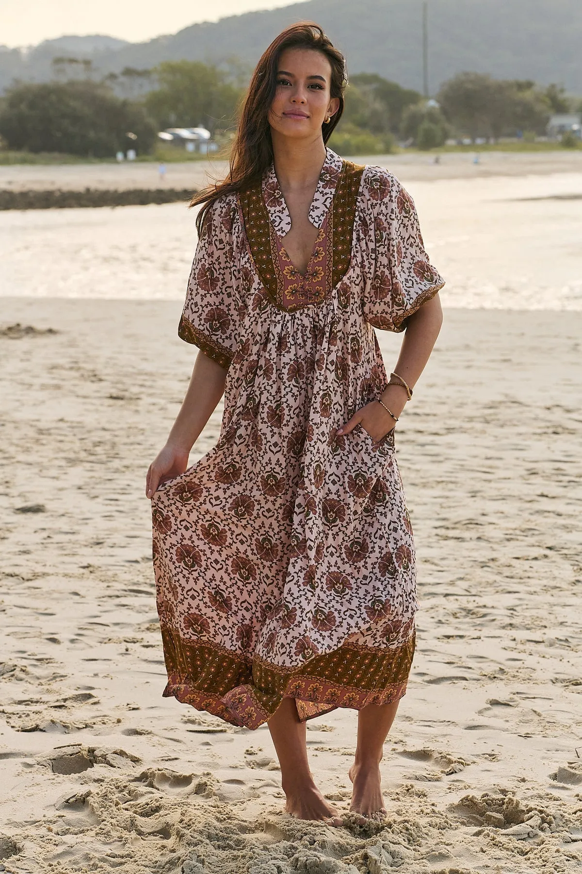 Jaase Boheme Midi Dress with Mandarin Collar V Neck Pockets - Wild Gypsy