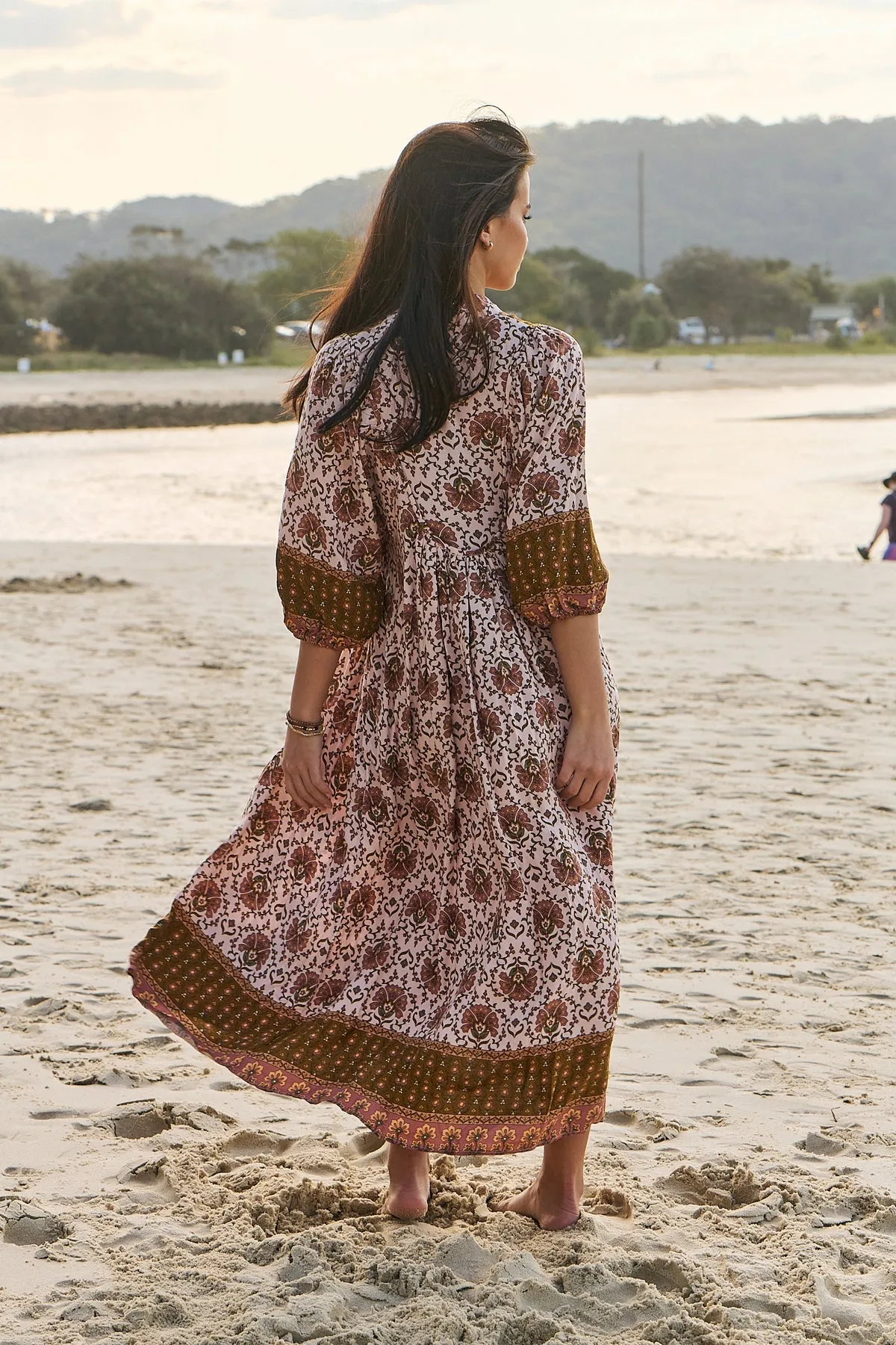 Jaase Boheme Midi Dress with Mandarin Collar V Neck Pockets - Wild Gypsy