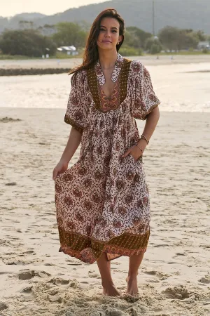 Jaase Boheme Midi Dress with Mandarin Collar V Neck Pockets - Wild Gypsy