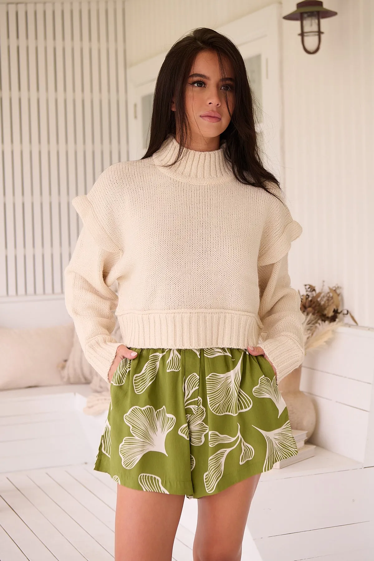 Jaase Flora Shorts with  Elastic Shirred Waist Relaxed Fit - Emery