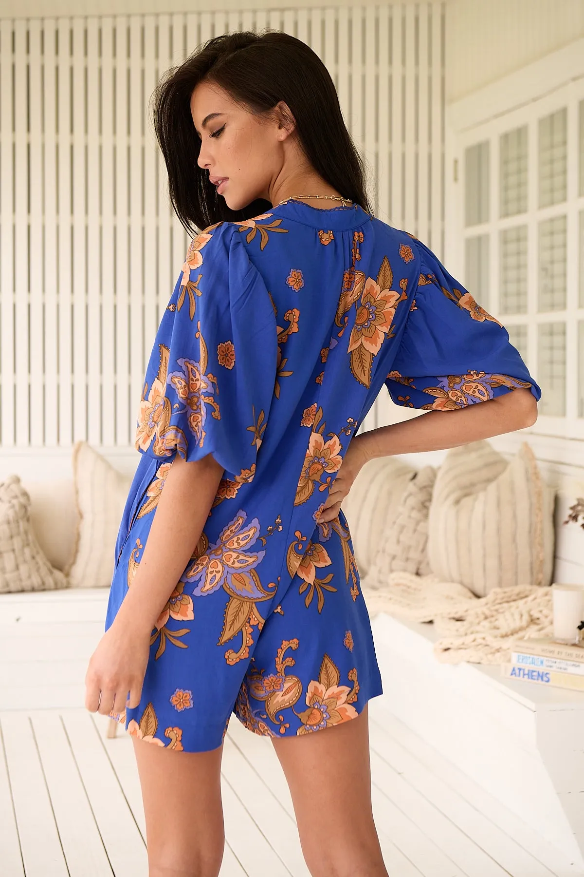 Jaase Mahlia Playsuit Romper with Mandarin Collar Balloon Sleeve - Maribella