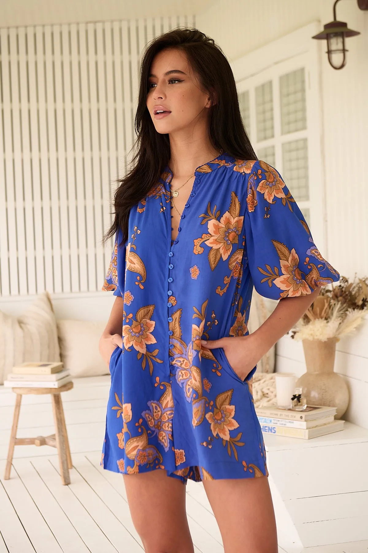 Jaase Mahlia Playsuit Romper with Mandarin Collar Balloon Sleeve - Maribella
