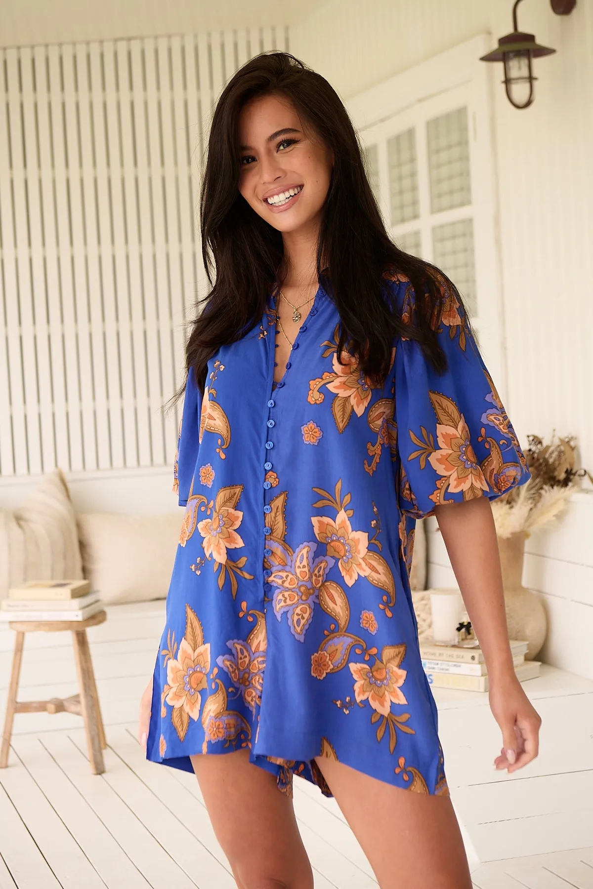Jaase Mahlia Playsuit Romper with Mandarin Collar Balloon Sleeve - Maribella