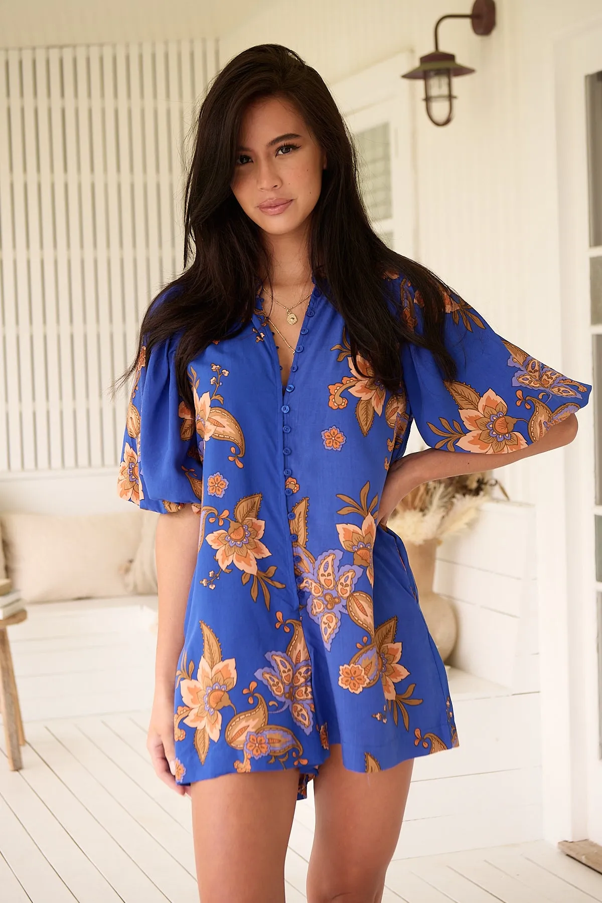 Jaase Mahlia Playsuit Romper with Mandarin Collar Balloon Sleeve - Maribella