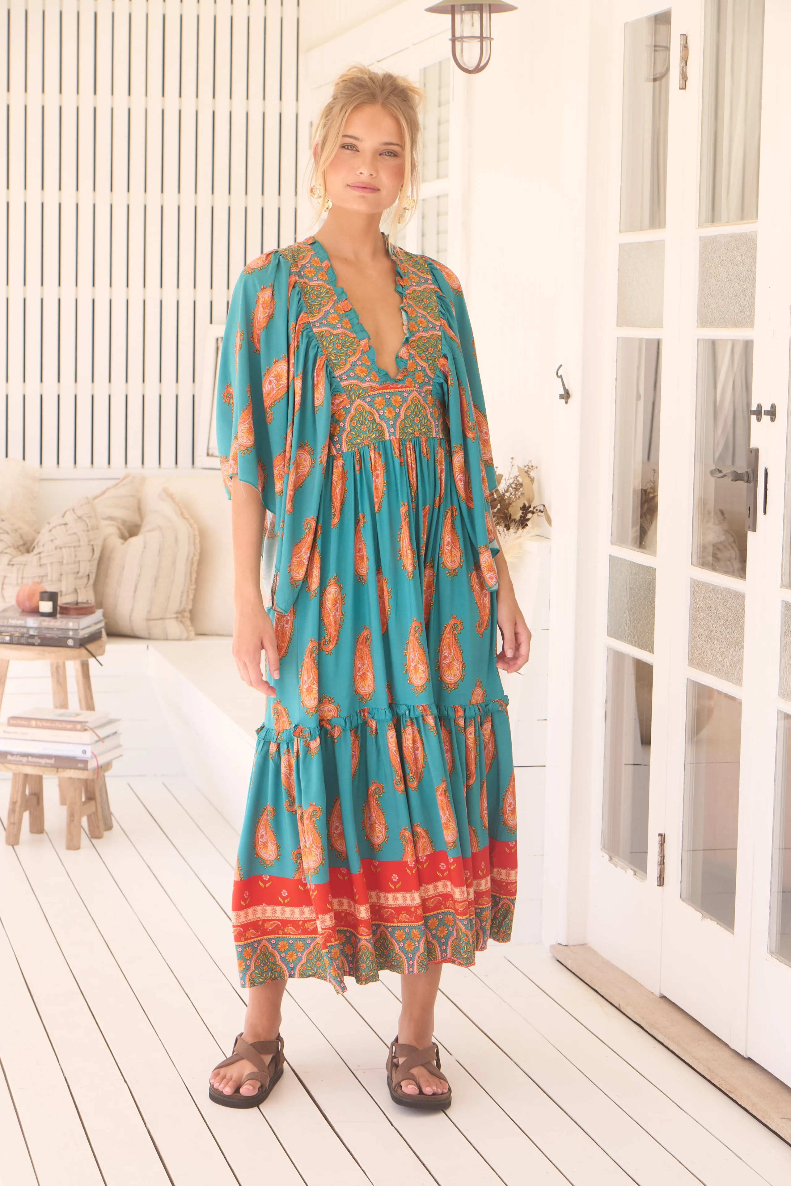 Jaase Raya Maxi Dress with Kaftan Batwing Sleeves V-Neck - Melody