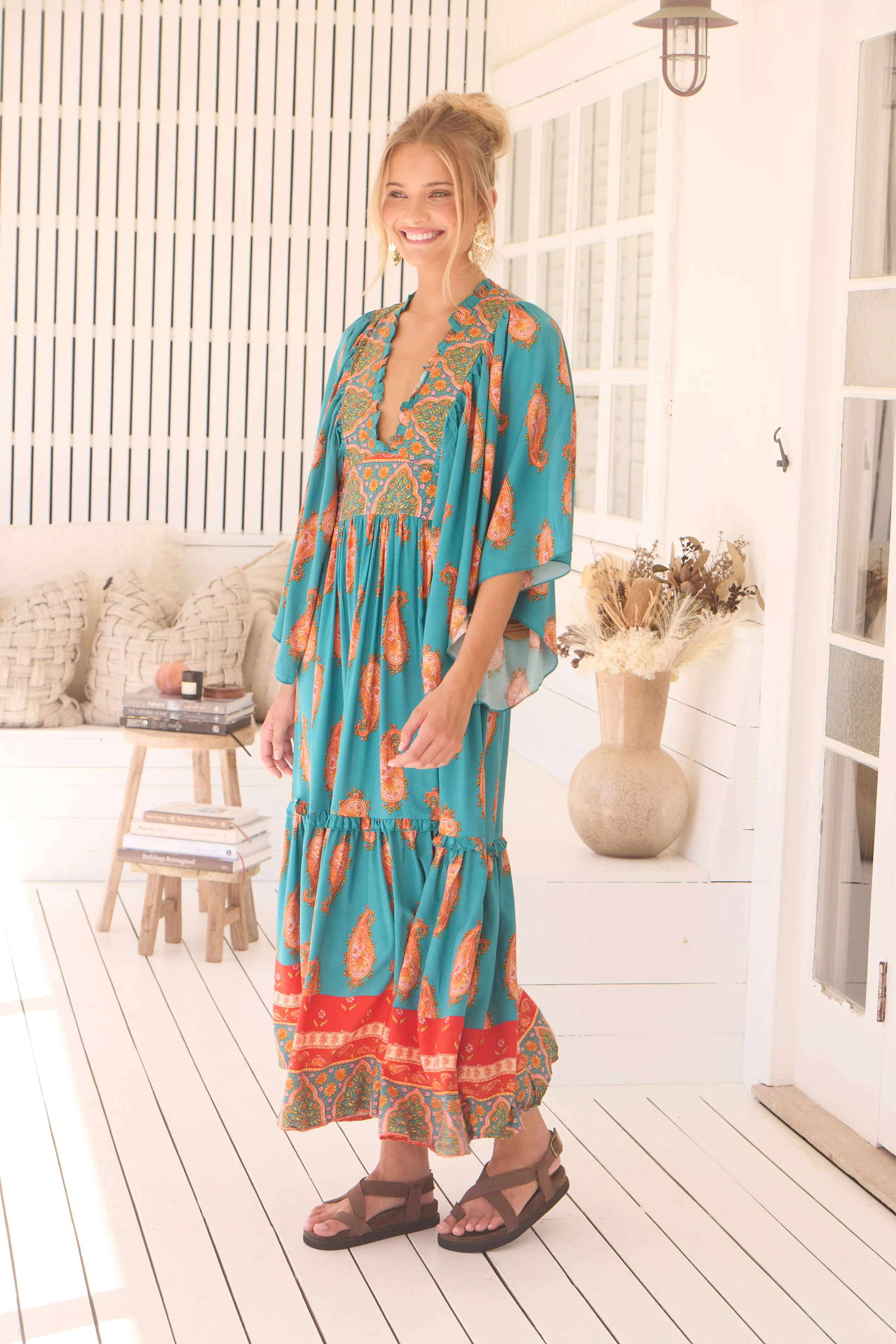 Jaase Raya Maxi Dress with Kaftan Batwing Sleeves V-Neck - Melody