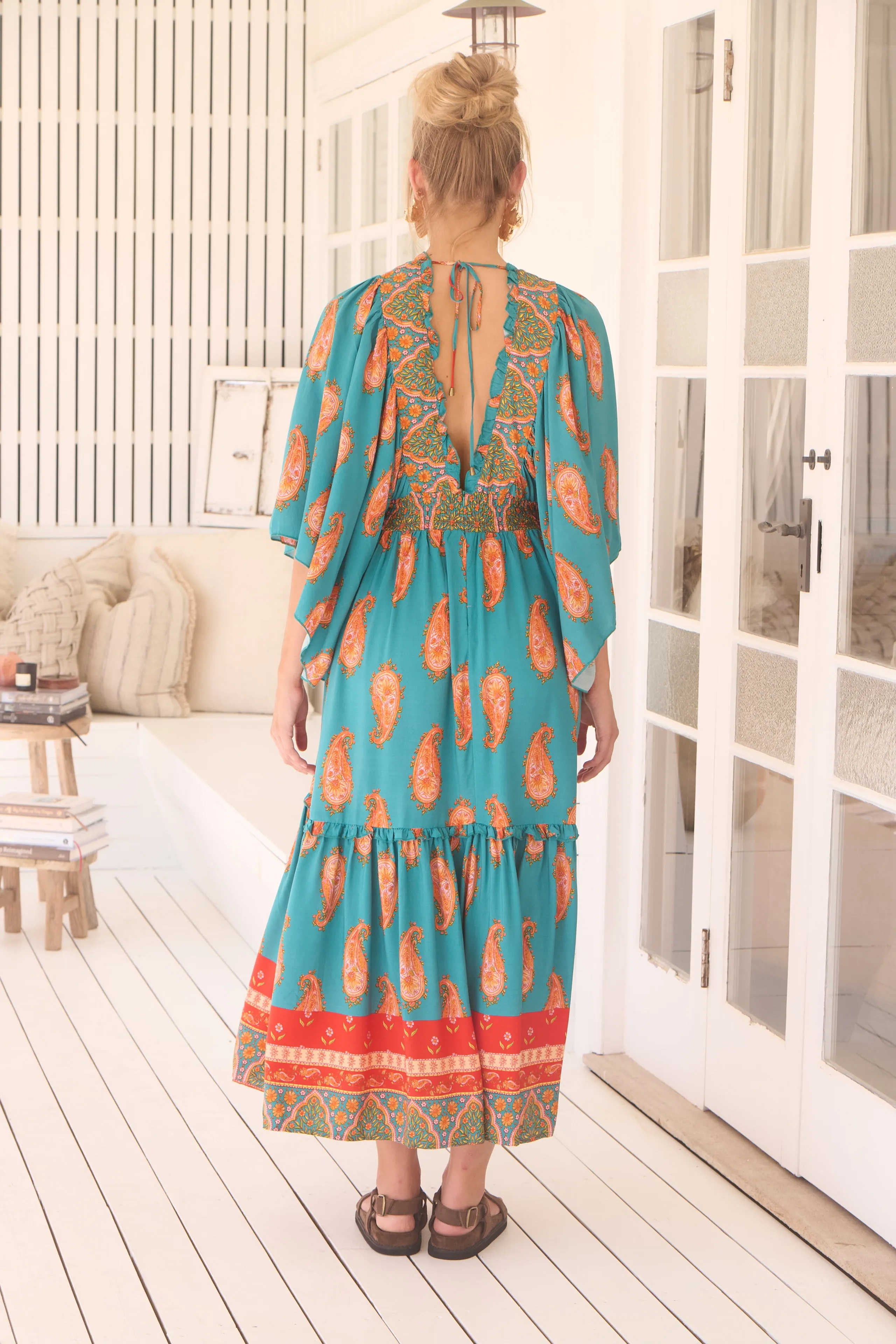 Jaase Raya Maxi Dress with Kaftan Batwing Sleeves V-Neck - Melody