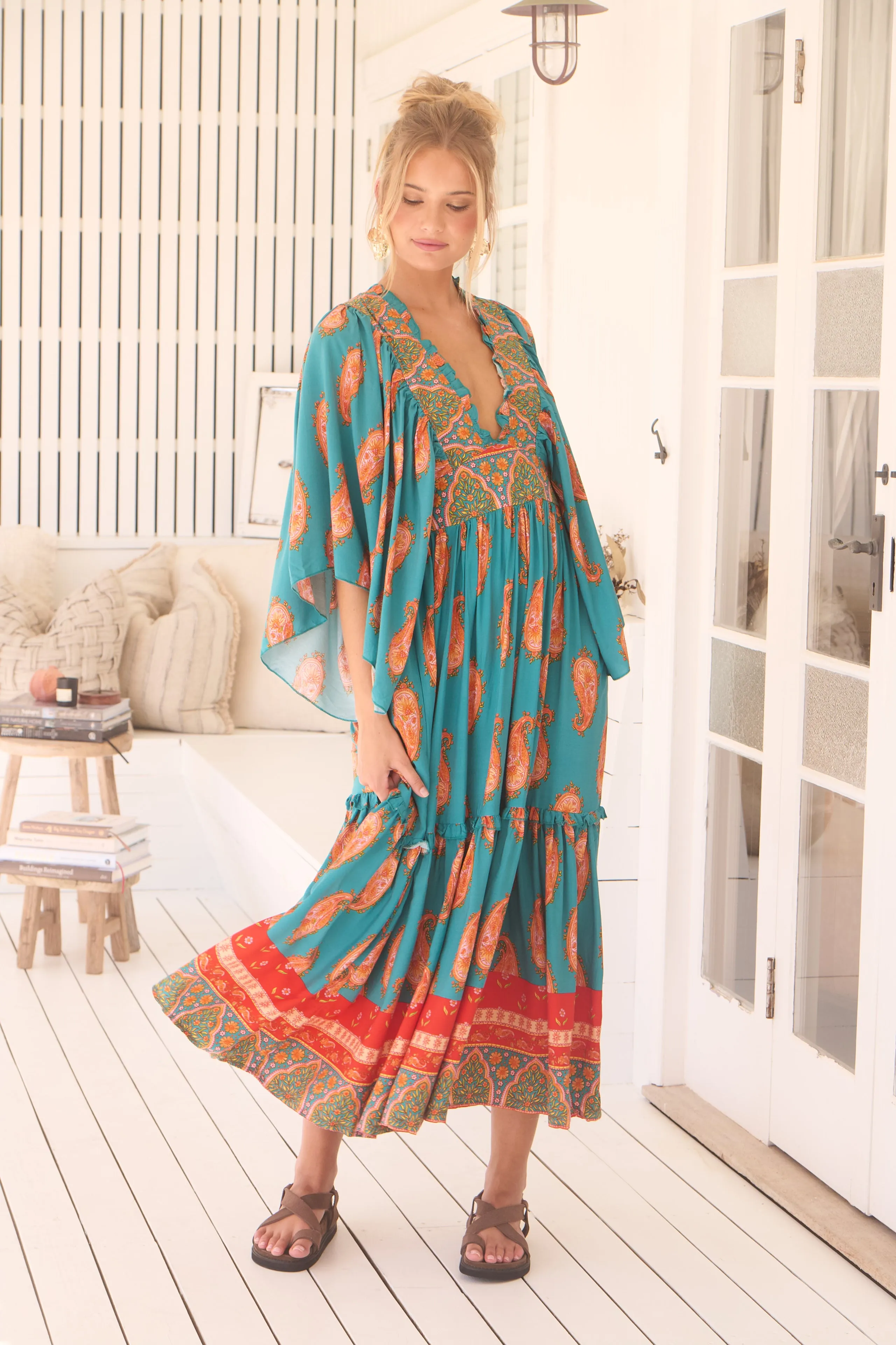 Jaase Raya Maxi Dress with Kaftan Batwing Sleeves V-Neck - Melody
