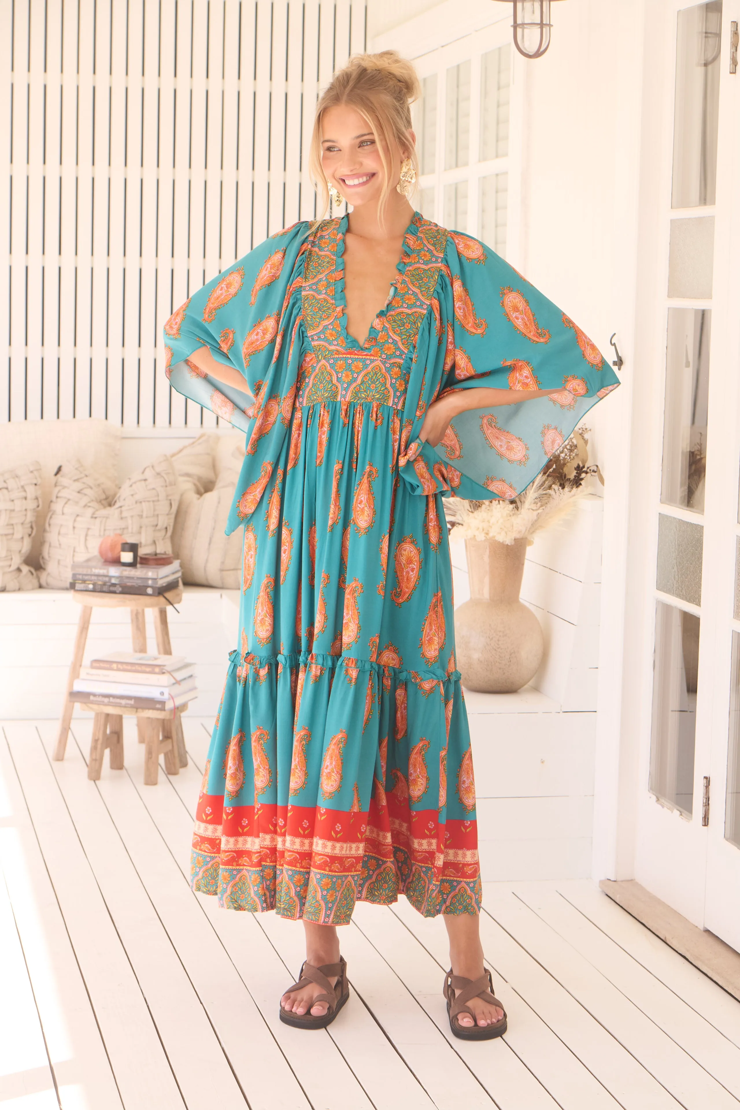 Jaase Raya Maxi Dress with Kaftan Batwing Sleeves V-Neck - Melody