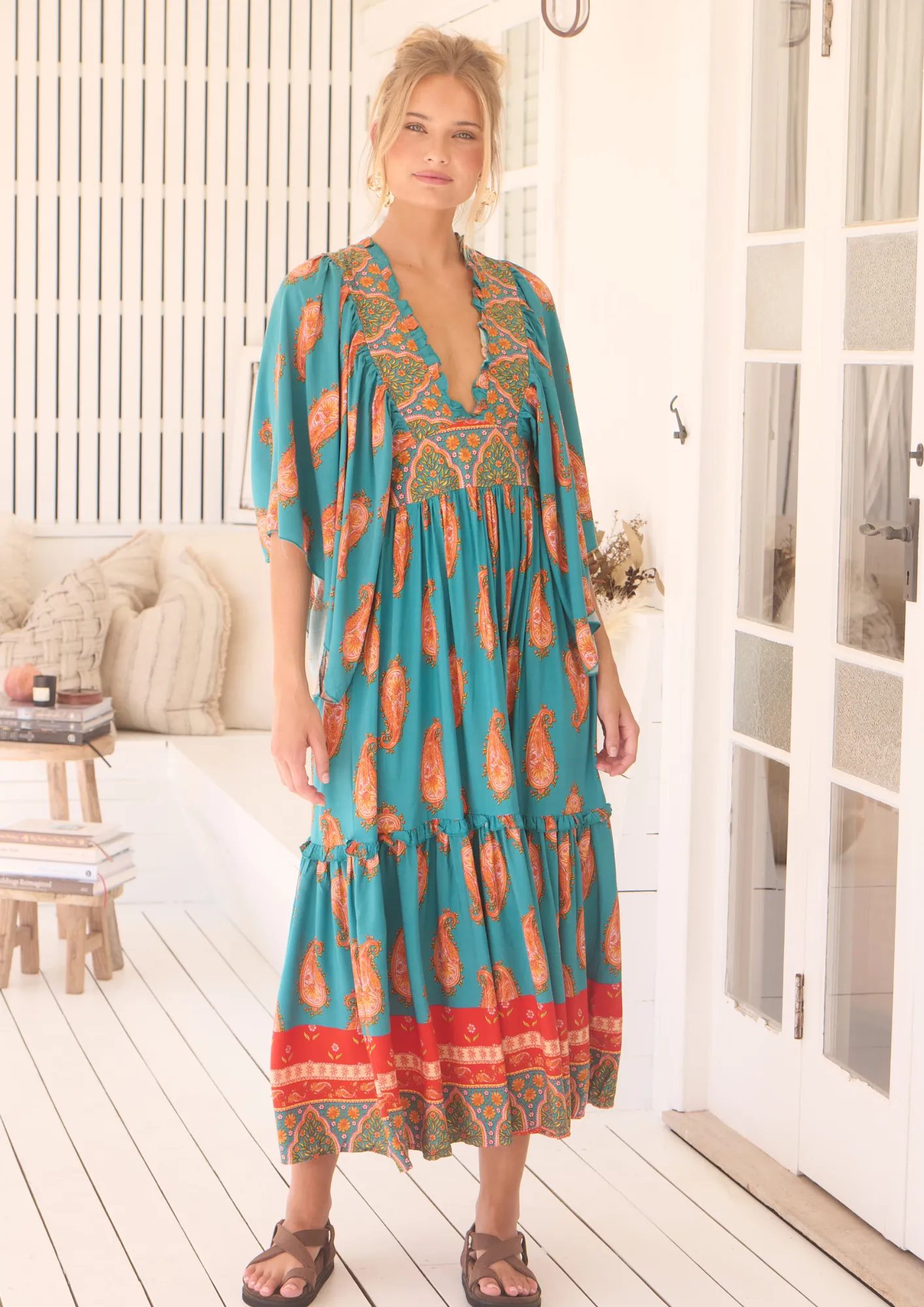 Jaase Raya Maxi Dress with Kaftan Batwing Sleeves V-Neck - Melody