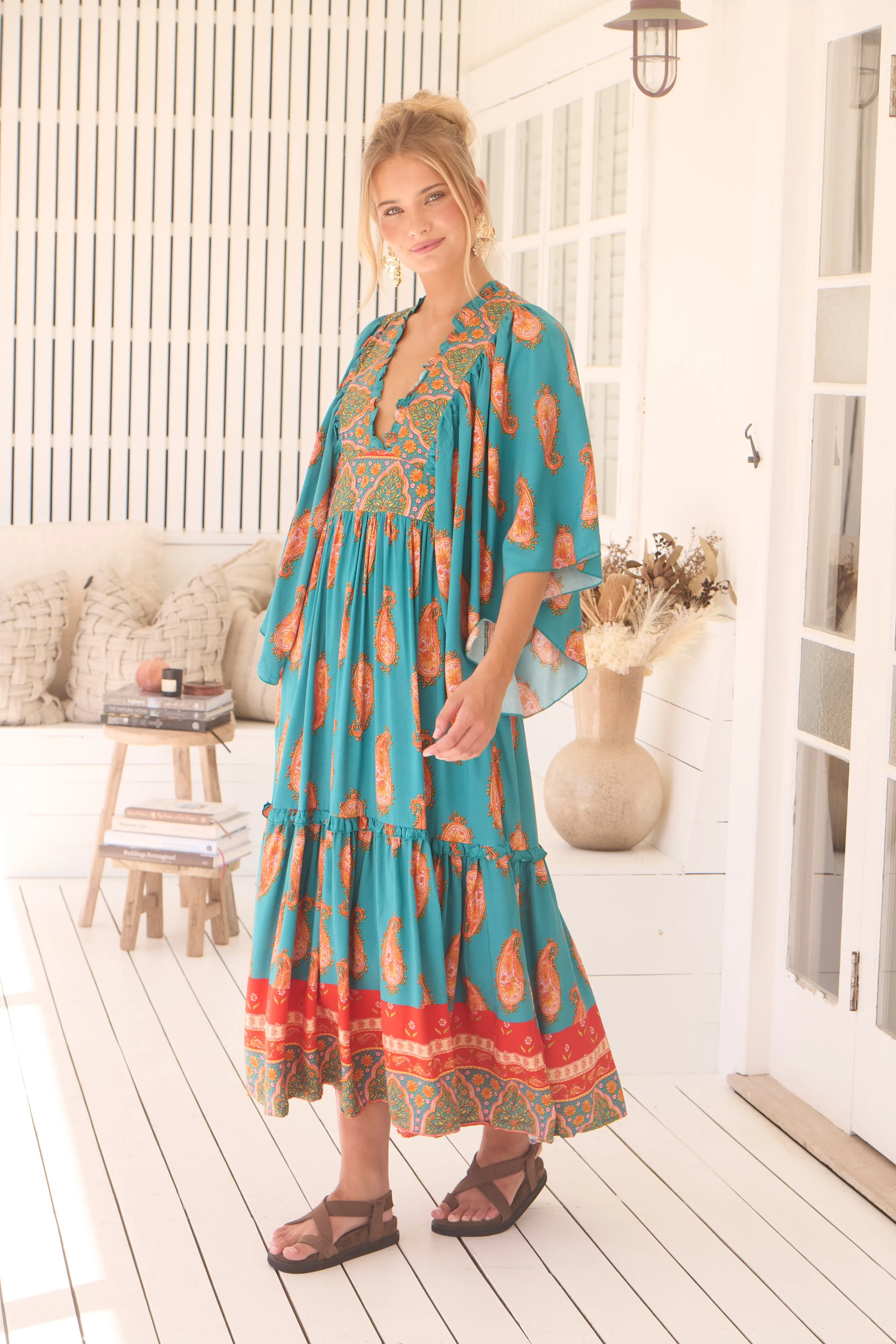 Jaase Raya Maxi Dress with Kaftan Batwing Sleeves V-Neck - Melody