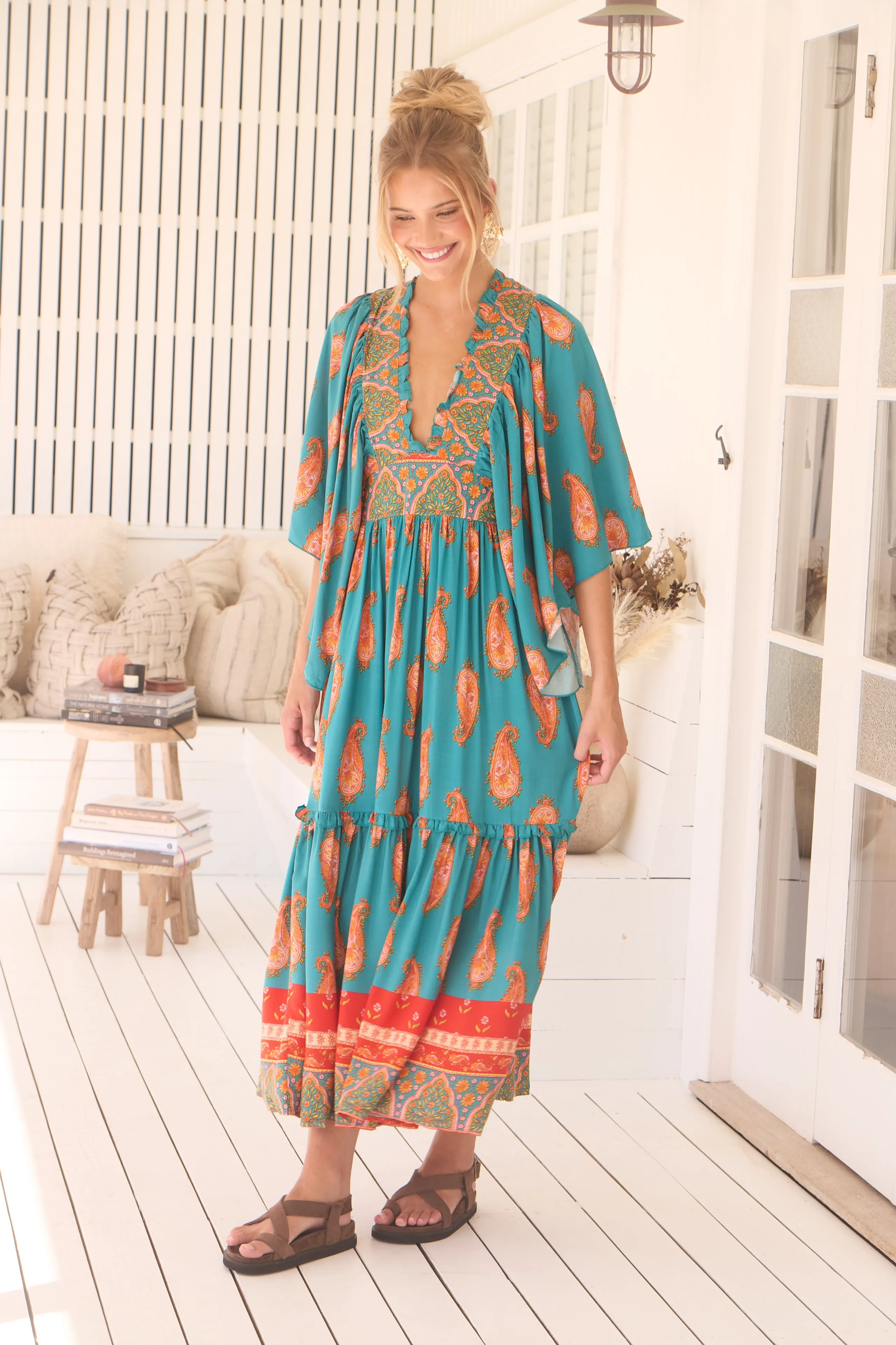Jaase Raya Maxi Dress with Kaftan Batwing Sleeves V-Neck - Melody