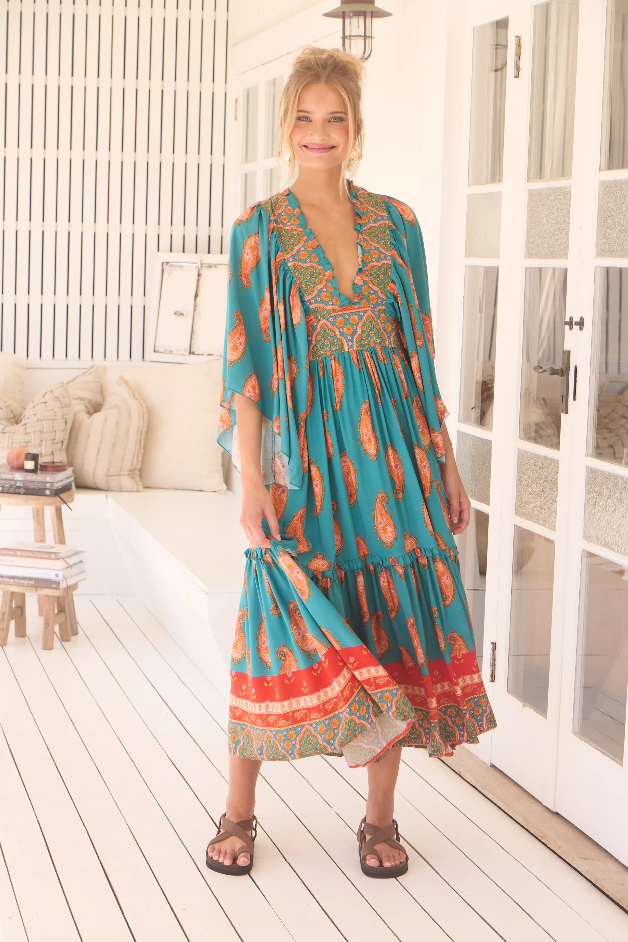 Jaase Raya Maxi Dress with Kaftan Batwing Sleeves V-Neck - Melody