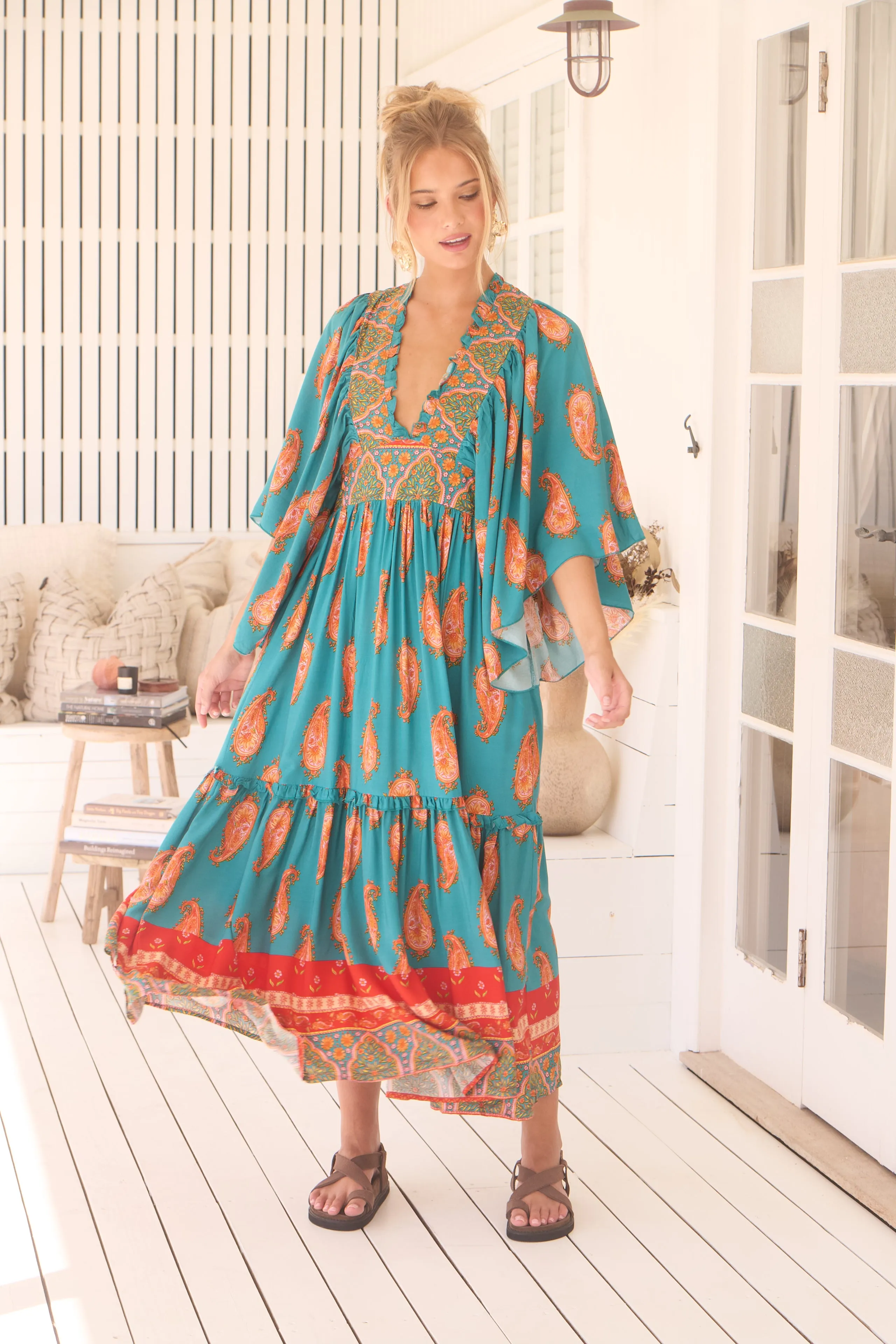 Jaase Raya Maxi Dress with Kaftan Batwing Sleeves V-Neck - Melody