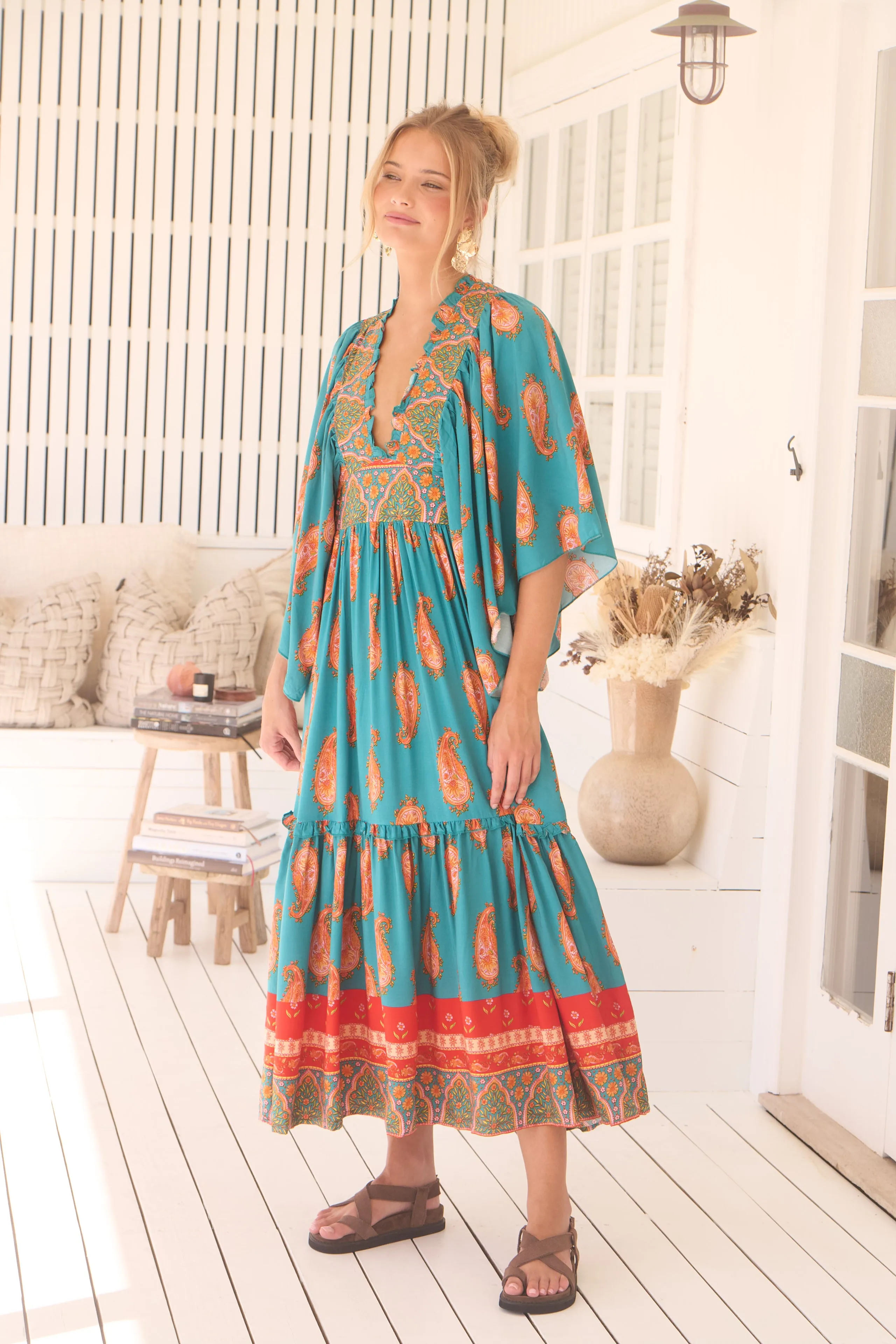 Jaase Raya Maxi Dress with Kaftan Batwing Sleeves V-Neck - Melody