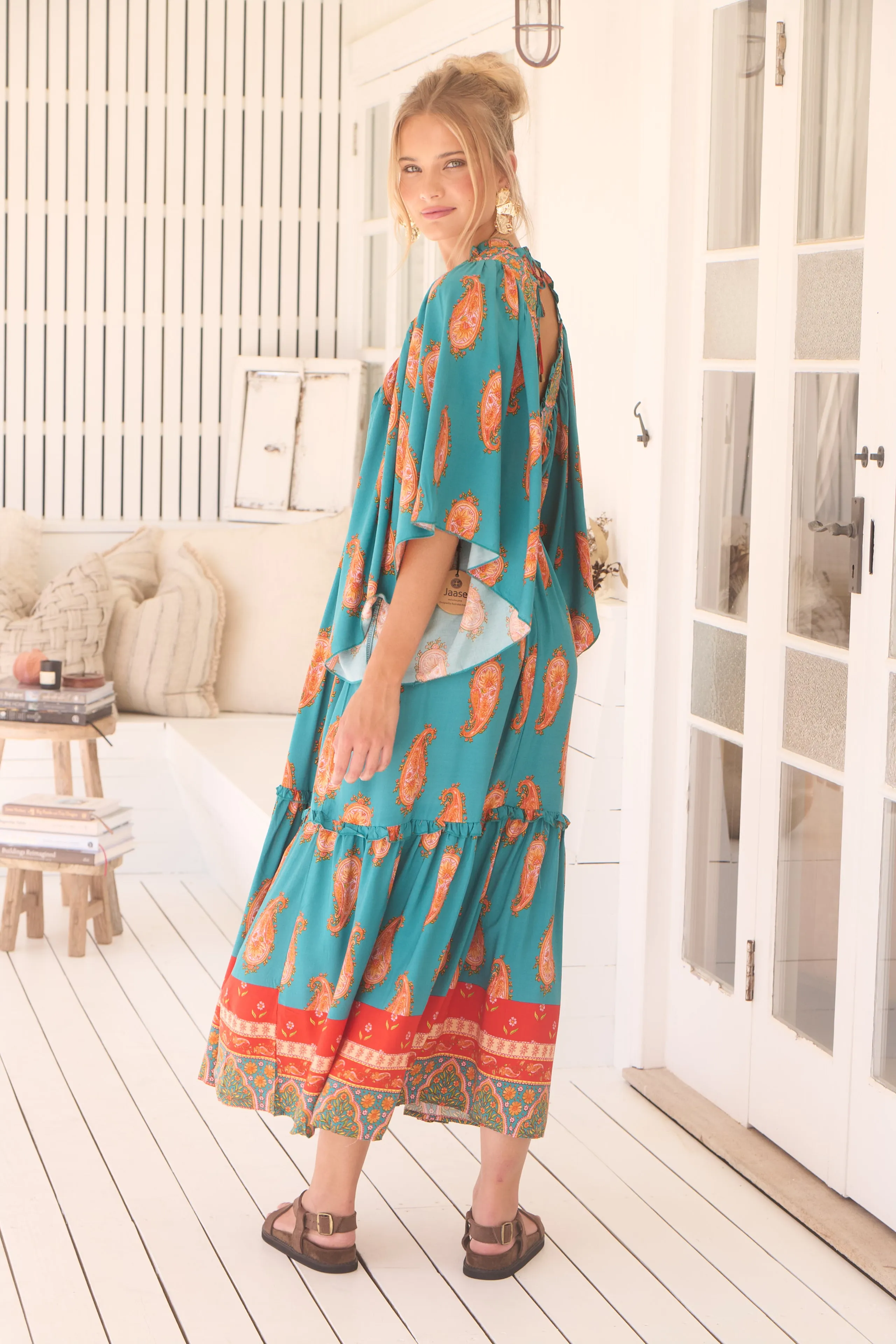 Jaase Raya Maxi Dress with Kaftan Batwing Sleeves V-Neck - Melody