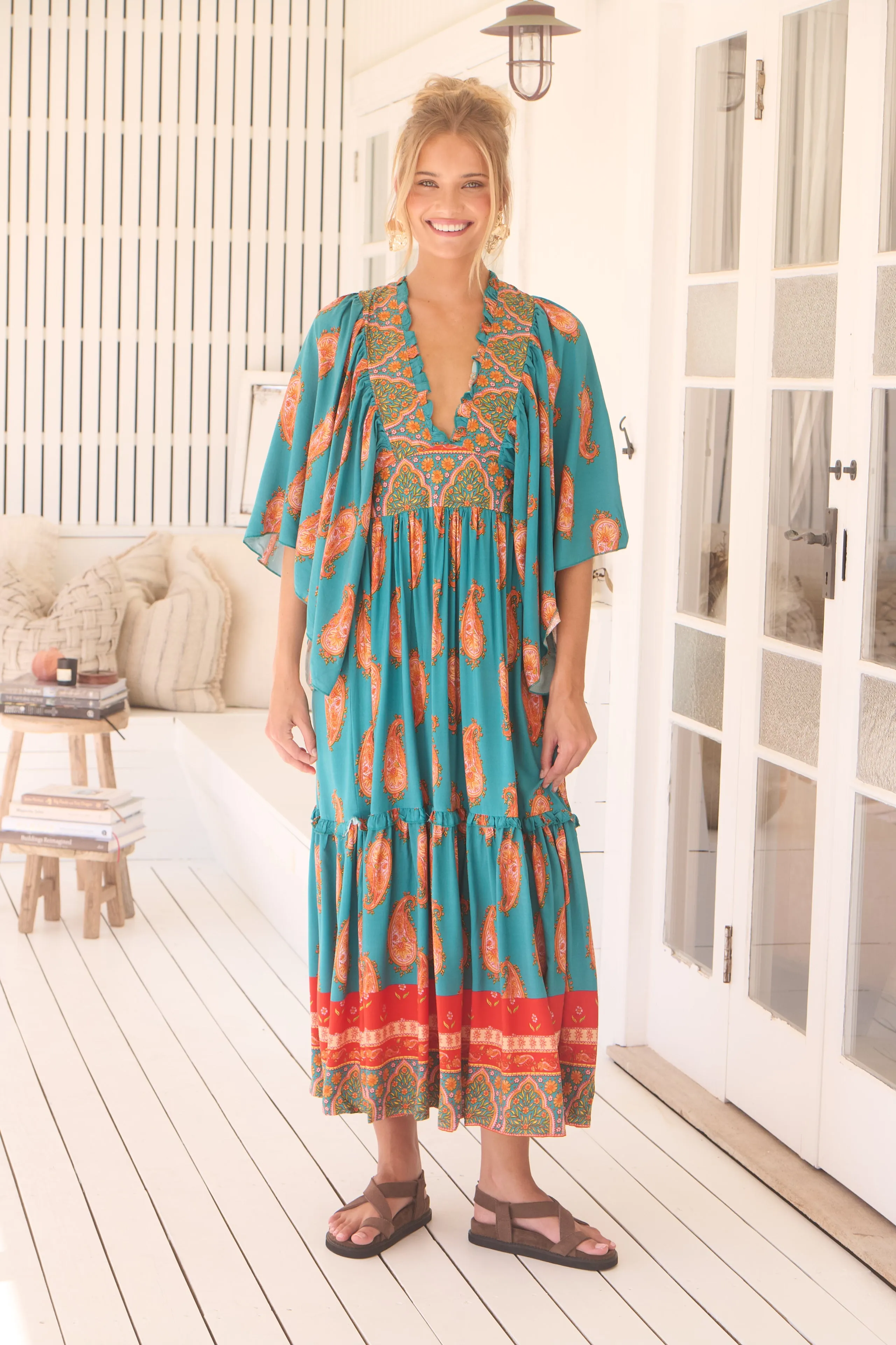 Jaase Raya Maxi Dress with Kaftan Batwing Sleeves V-Neck - Melody