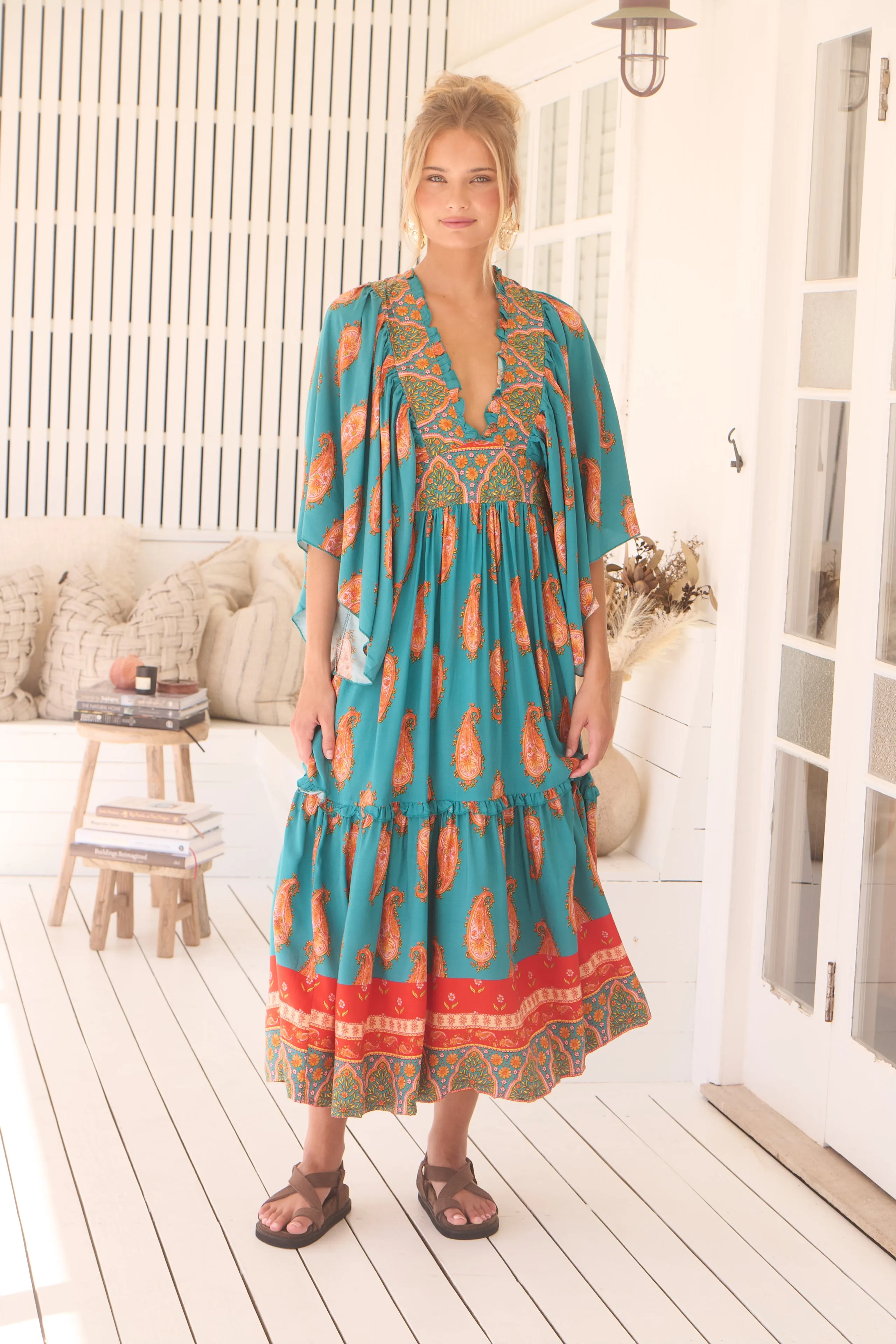 Jaase Raya Maxi Dress with Kaftan Batwing Sleeves V-Neck - Melody