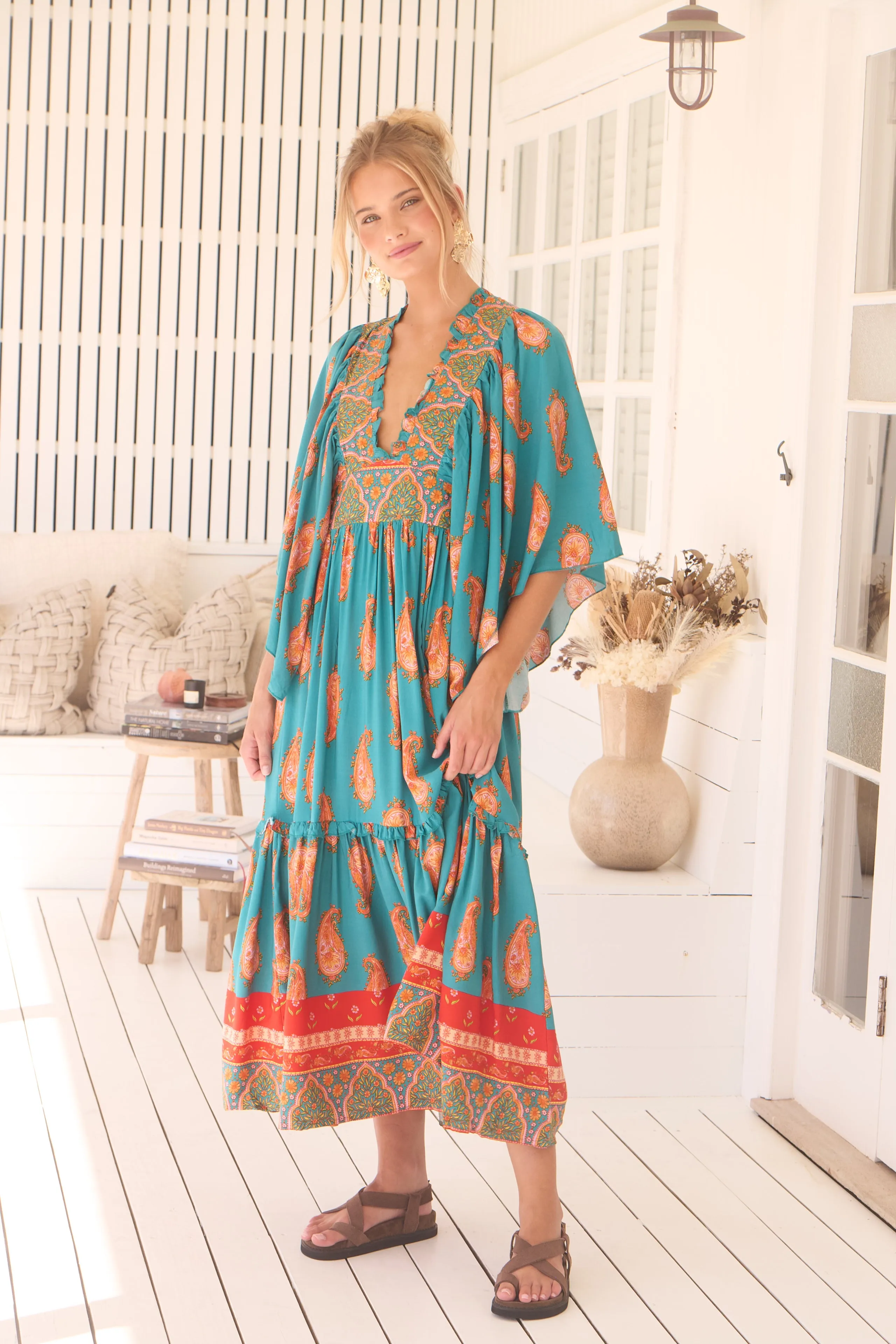 Jaase Raya Maxi Dress with Kaftan Batwing Sleeves V-Neck - Melody