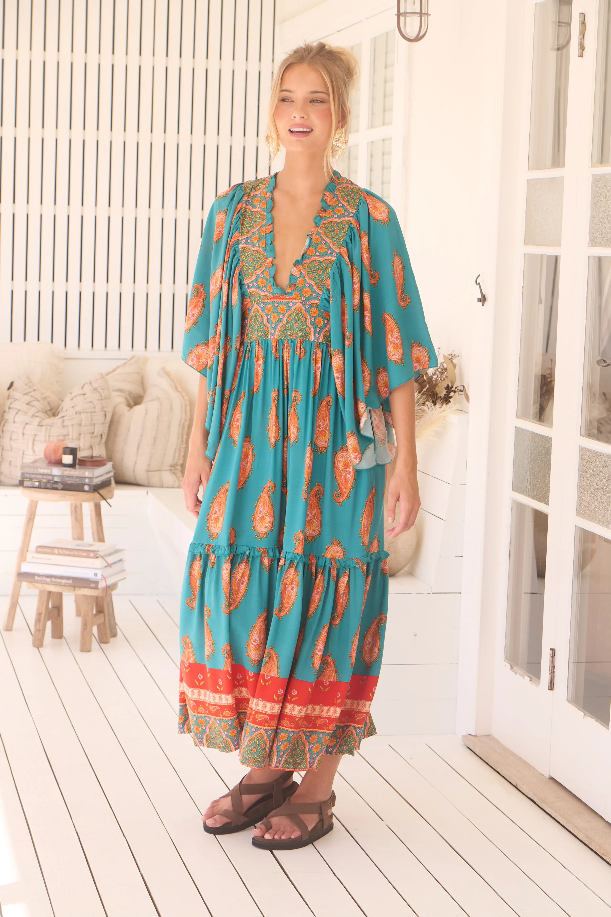 Jaase Raya Maxi Dress with Kaftan Batwing Sleeves V-Neck - Melody