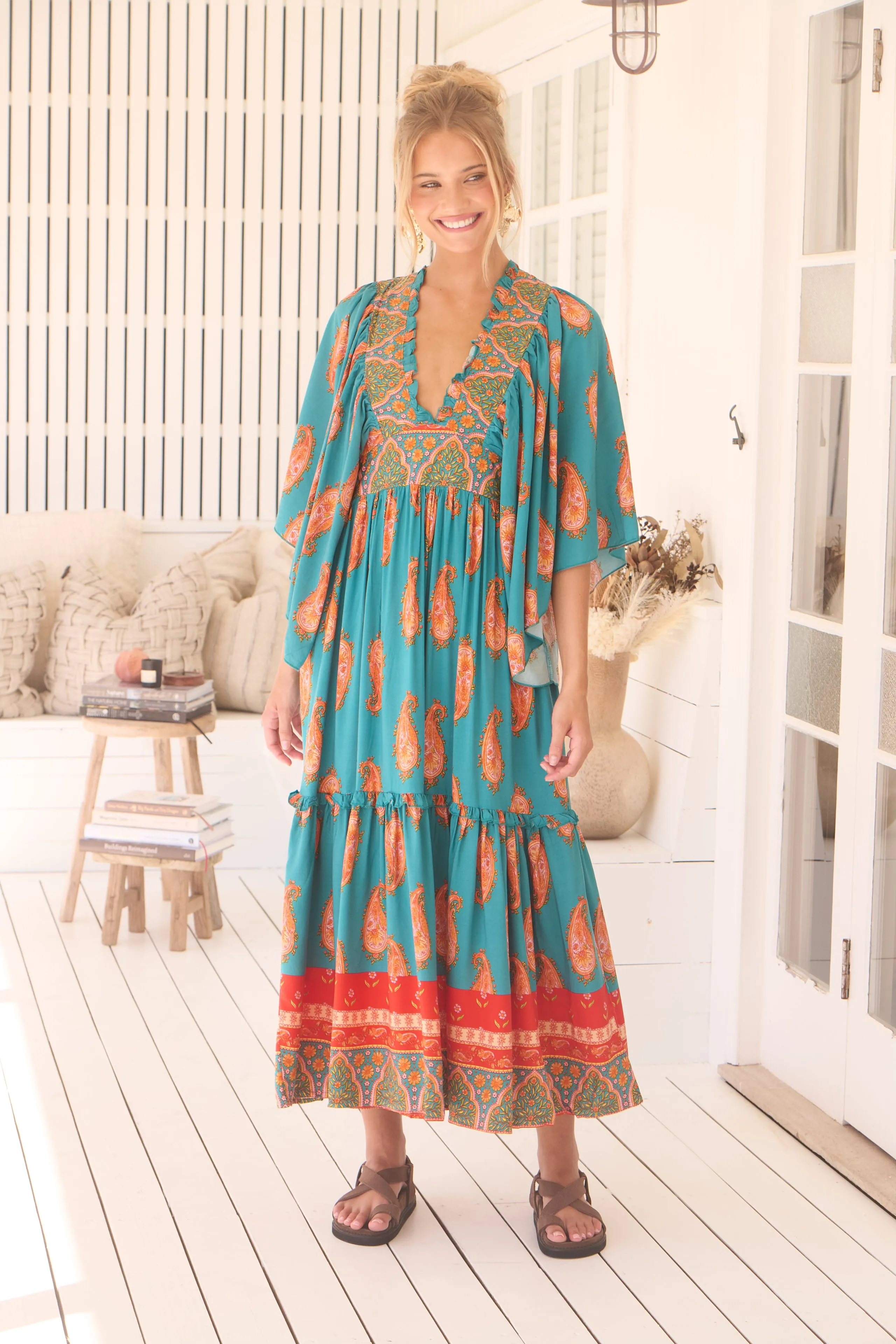 Jaase Raya Maxi Dress with Kaftan Batwing Sleeves V-Neck - Melody