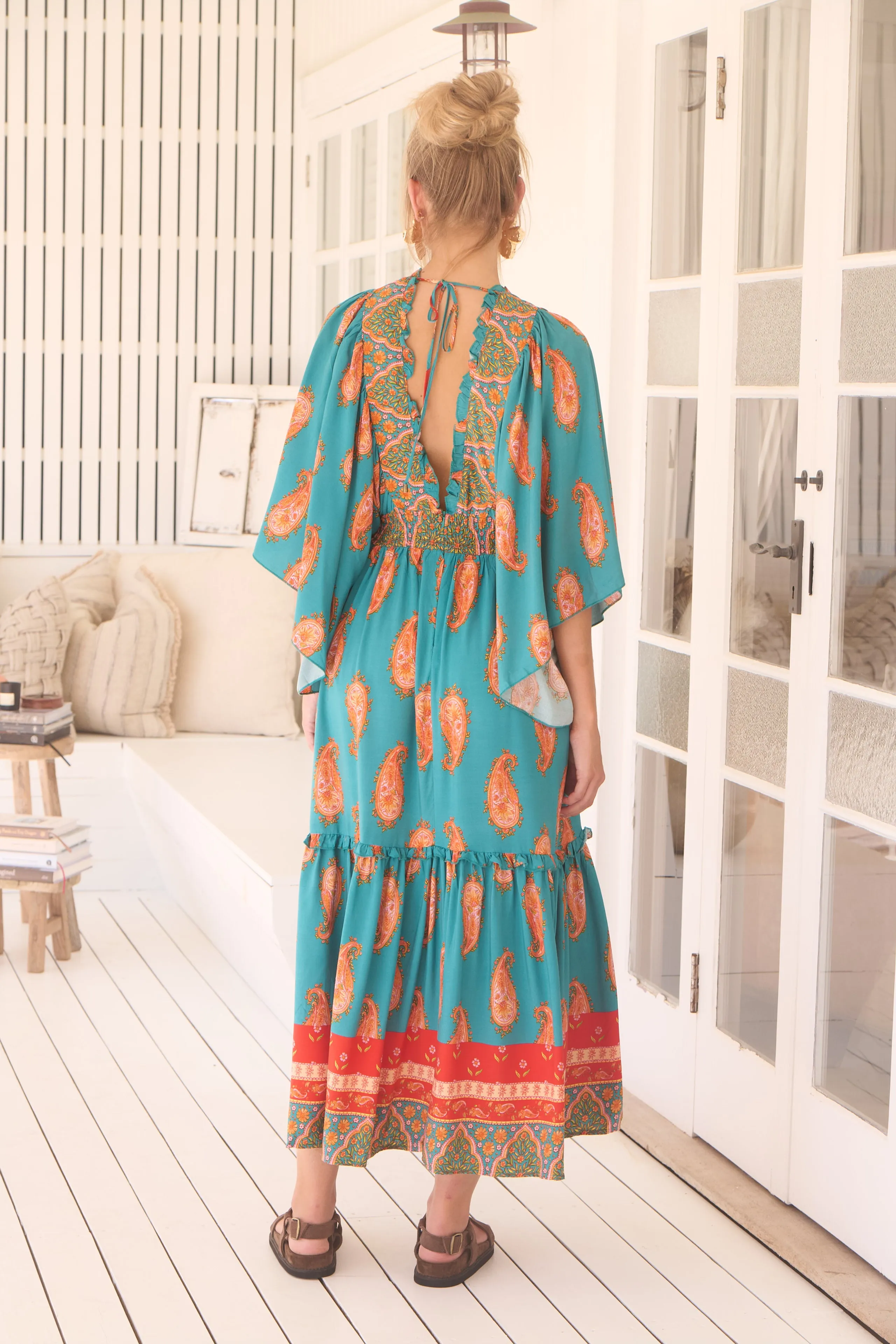 Jaase Raya Maxi Dress with Kaftan Batwing Sleeves V-Neck - Melody