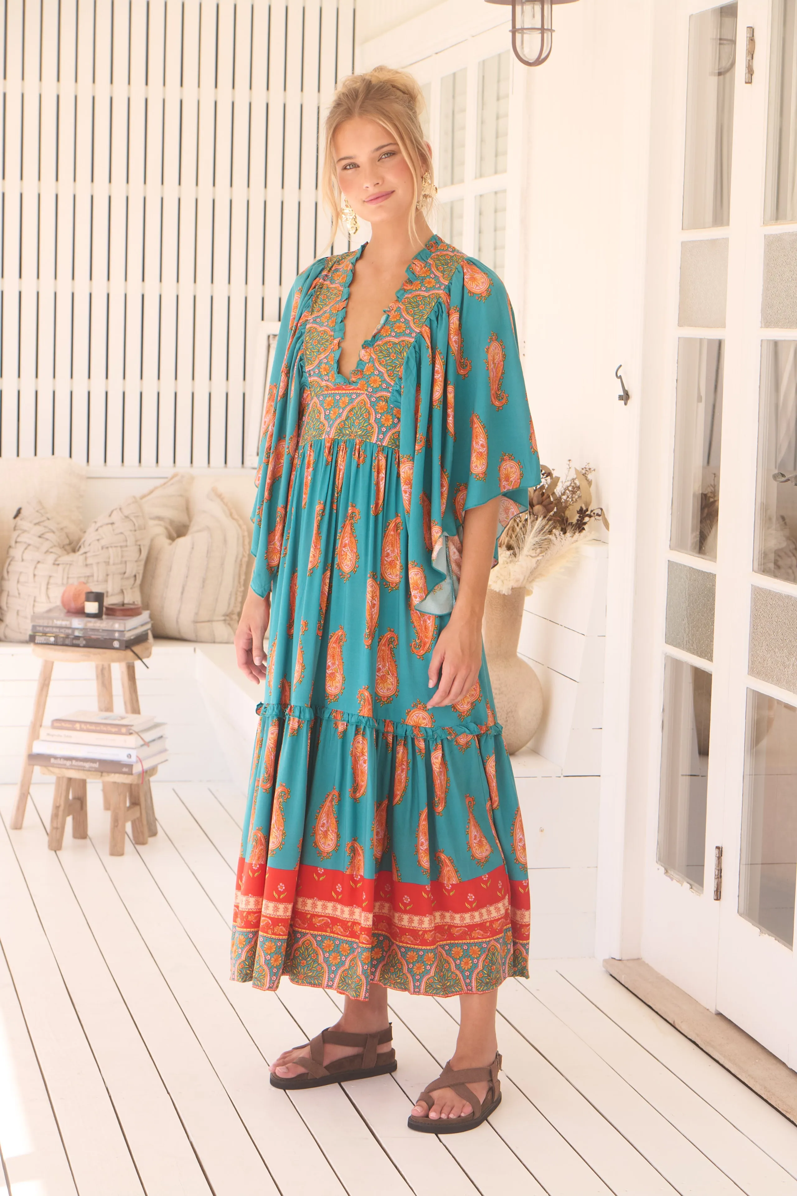 Jaase Raya Maxi Dress with Kaftan Batwing Sleeves V-Neck - Melody