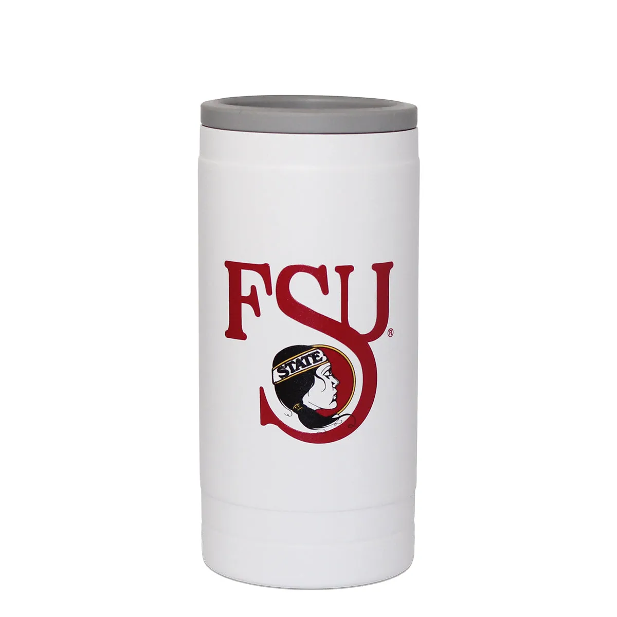 Logo Brands Vault FSU Lady Seminole Logo Powder Coated Stainless Steel Slim Can Coolie - White