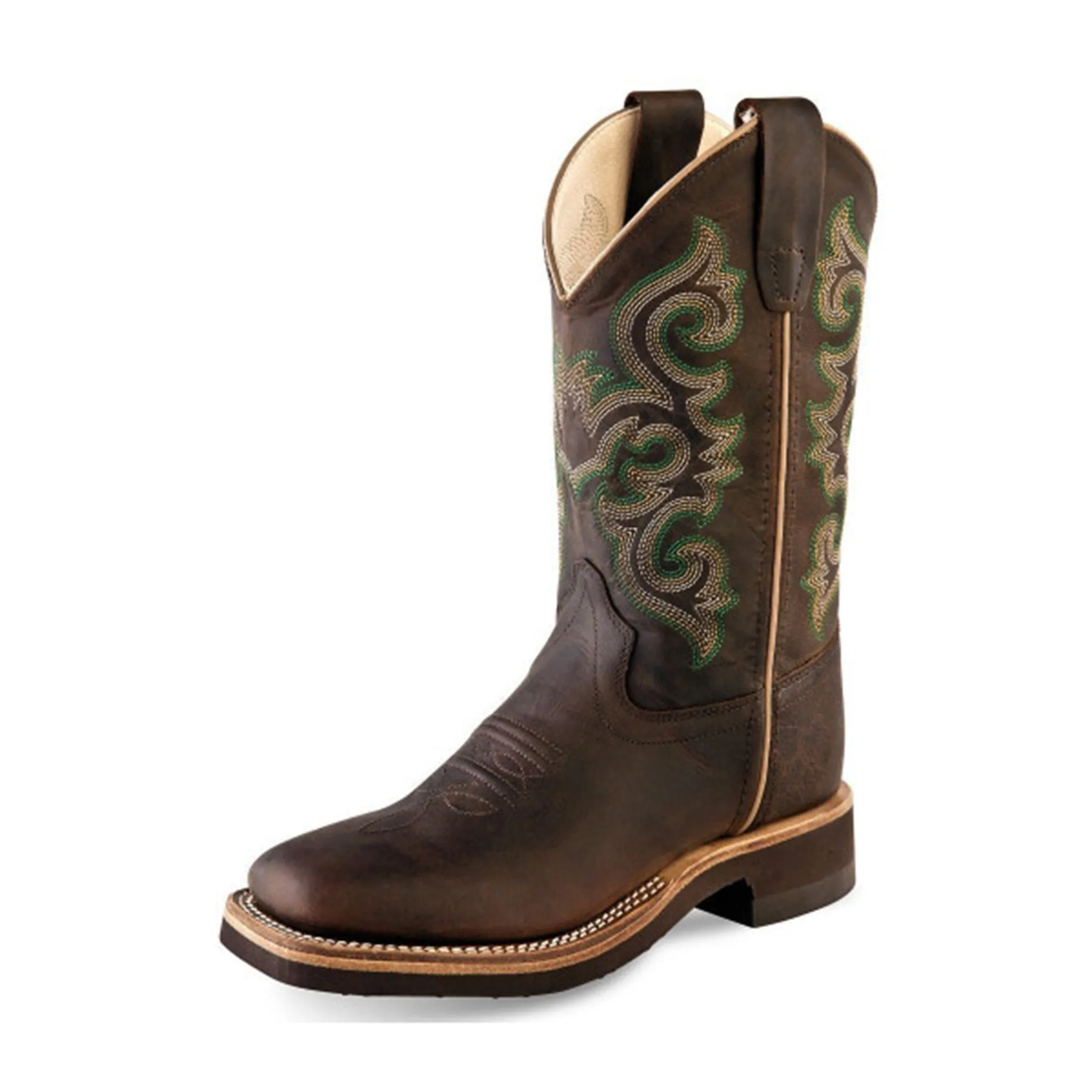 Old West Kid's Brown & Green Stitch Boots